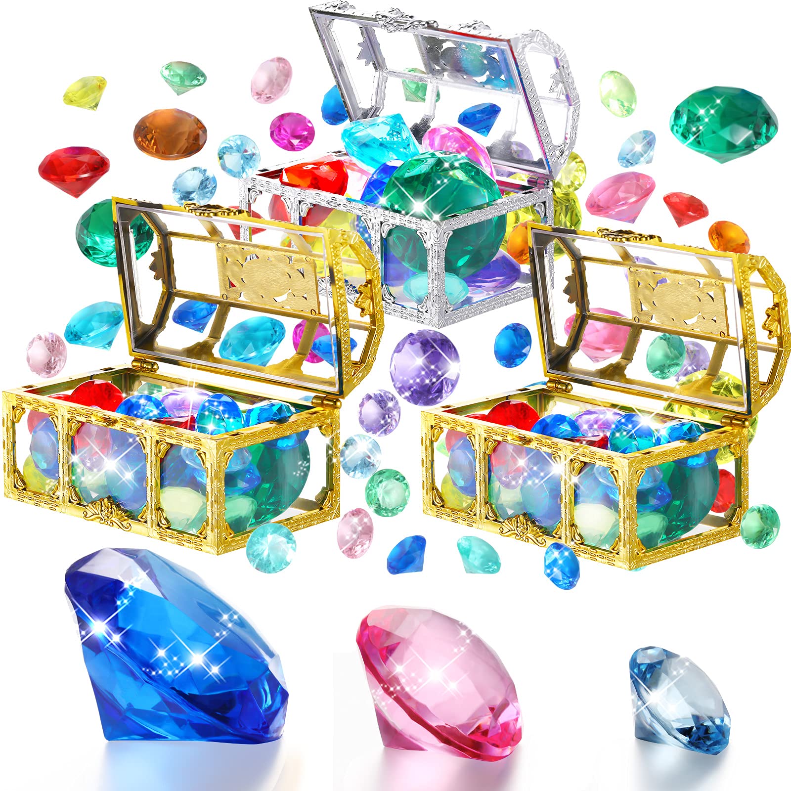 60 Colorful Sinking Gems Pool Toys with Pirate Treasure Box - Underwater Diving Teaching Toys for Kids, Summer Swimming Pool Games & Birthday Party Decorations - Perfect for Pool Parties, Swim Lessons & Treasure Hunt Activities