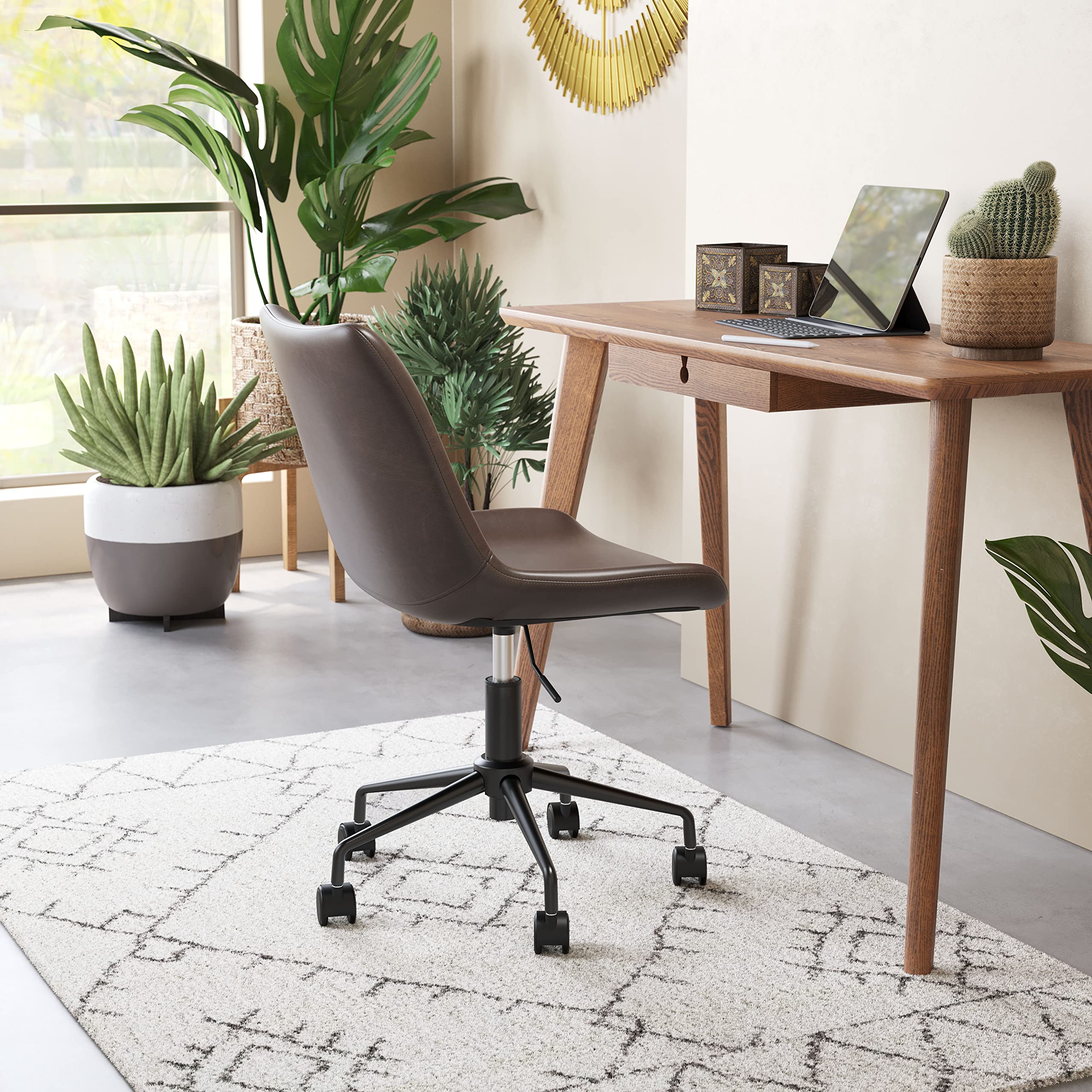 Zuo Byron Ergonomic Office Chair - Adjustable Height & Lumbar Support, Brown Leather Executive Chair for Home & Office Workspace, Comfortable Desk Chair for Long Hours Sitting