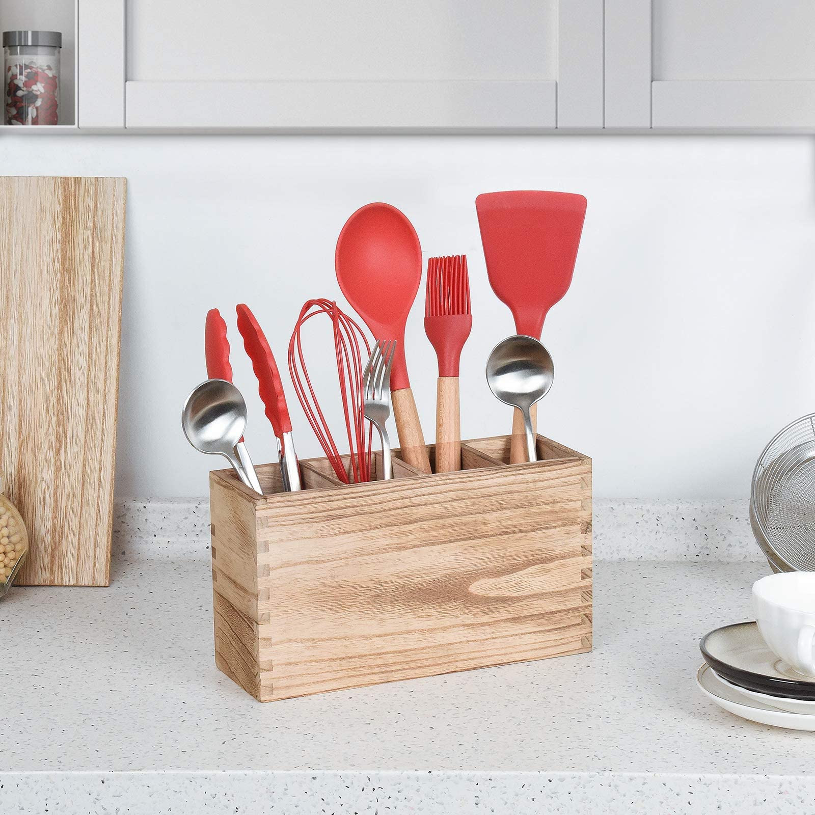 Upgraded Wooden Cutlery Holder Organizer - 4 Compartment Countertop Storage for Silverware, Forks, Spoons & Spatulas | Kitchen Utensil Organizer for Dining Table, Buffet Setup & Countertop Organization