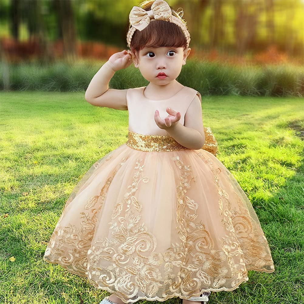 ODASDO Baby Girls Pageant Dress - Toddler Formal Party Gown with Lace & Bowknot Back, Includes Headband - Perfect for Birthday Parties, Pageants, Christenings & Special Occasions