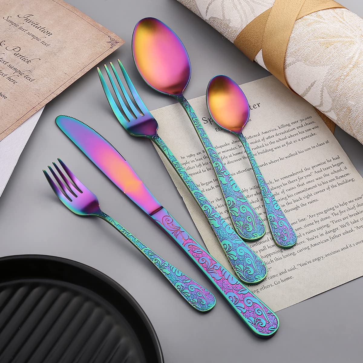 30-Piece Stainless Steel Flatware Set for 6 - Hammered Silverware Cutlery with Colorful Handles - Dishwasher Safe Modern Tableware for Home, Kitchen, Hotel & Restaurant - Perfect for Dinner Parties, Weddings & Everyday Dining