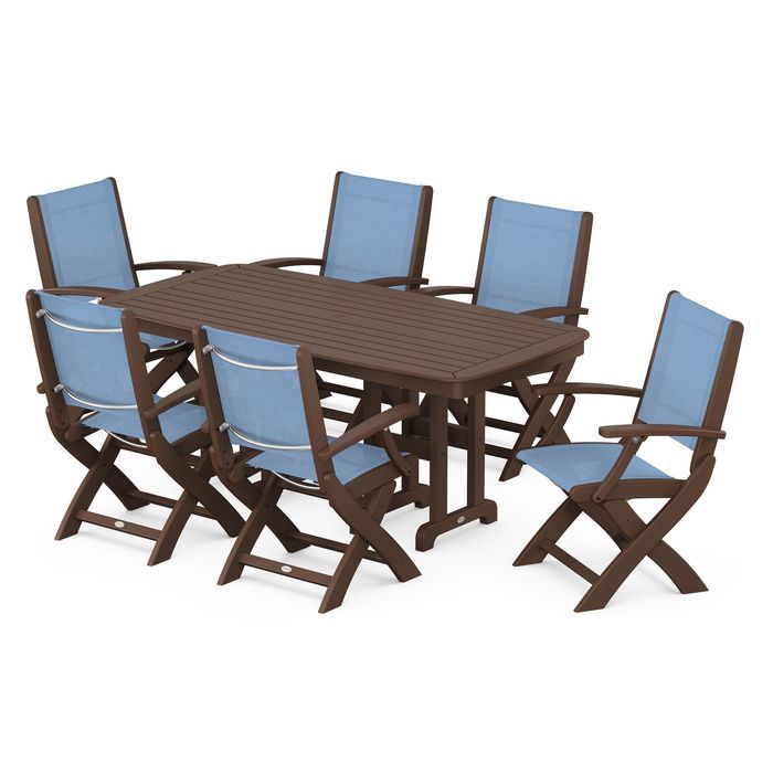 POLYWOOD Coastal Folding Arm Chair 7-Piece Outdoor Dining Set - Perfect for Patio, Deck, Poolside & Beachfront Entertaining