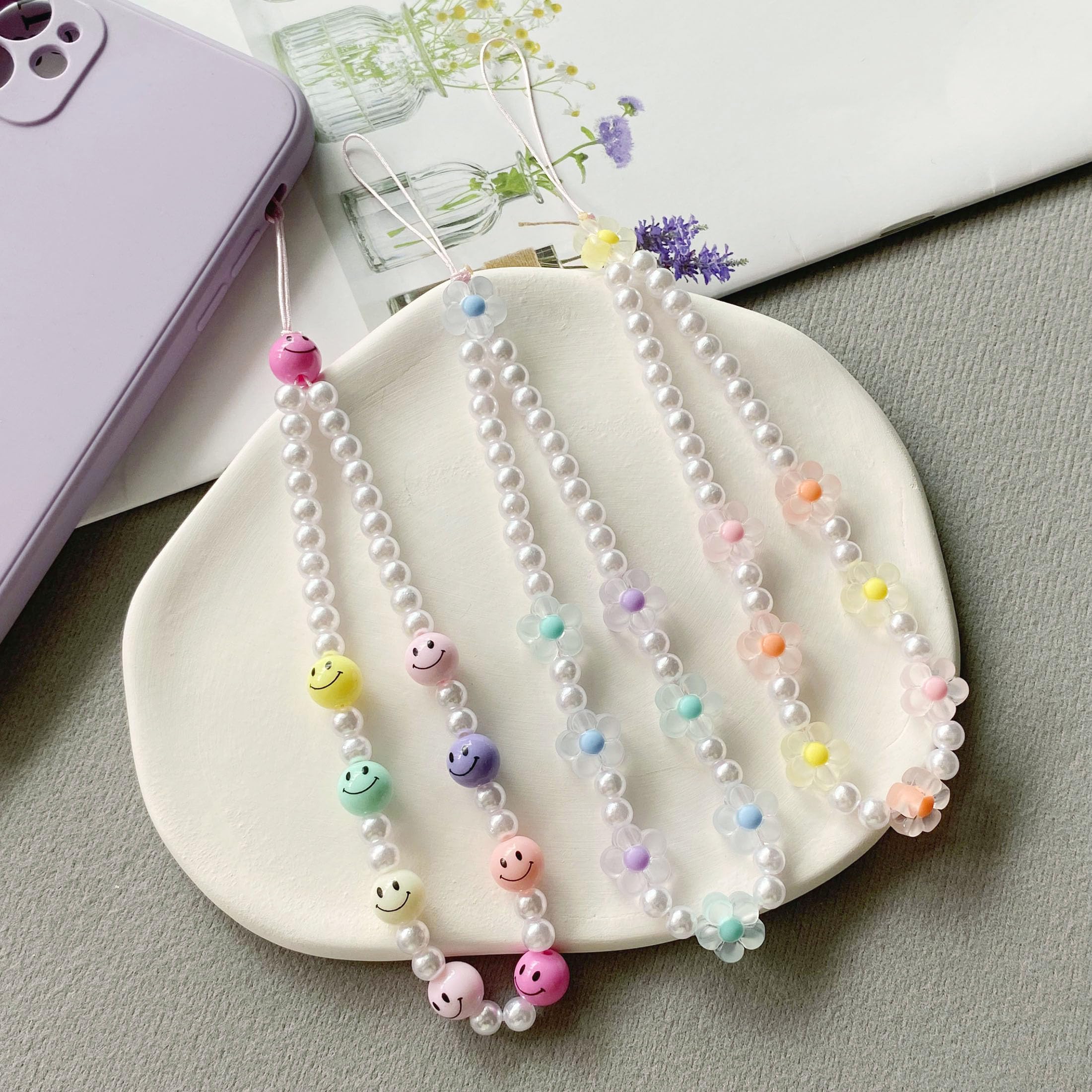 Y2K Cute Beaded Phone Lanyard Wrist Strap - Smiley Face & Flower Anti-Lost Bracelet Chain for Women | Perfect for Work, Travel & Phone Security