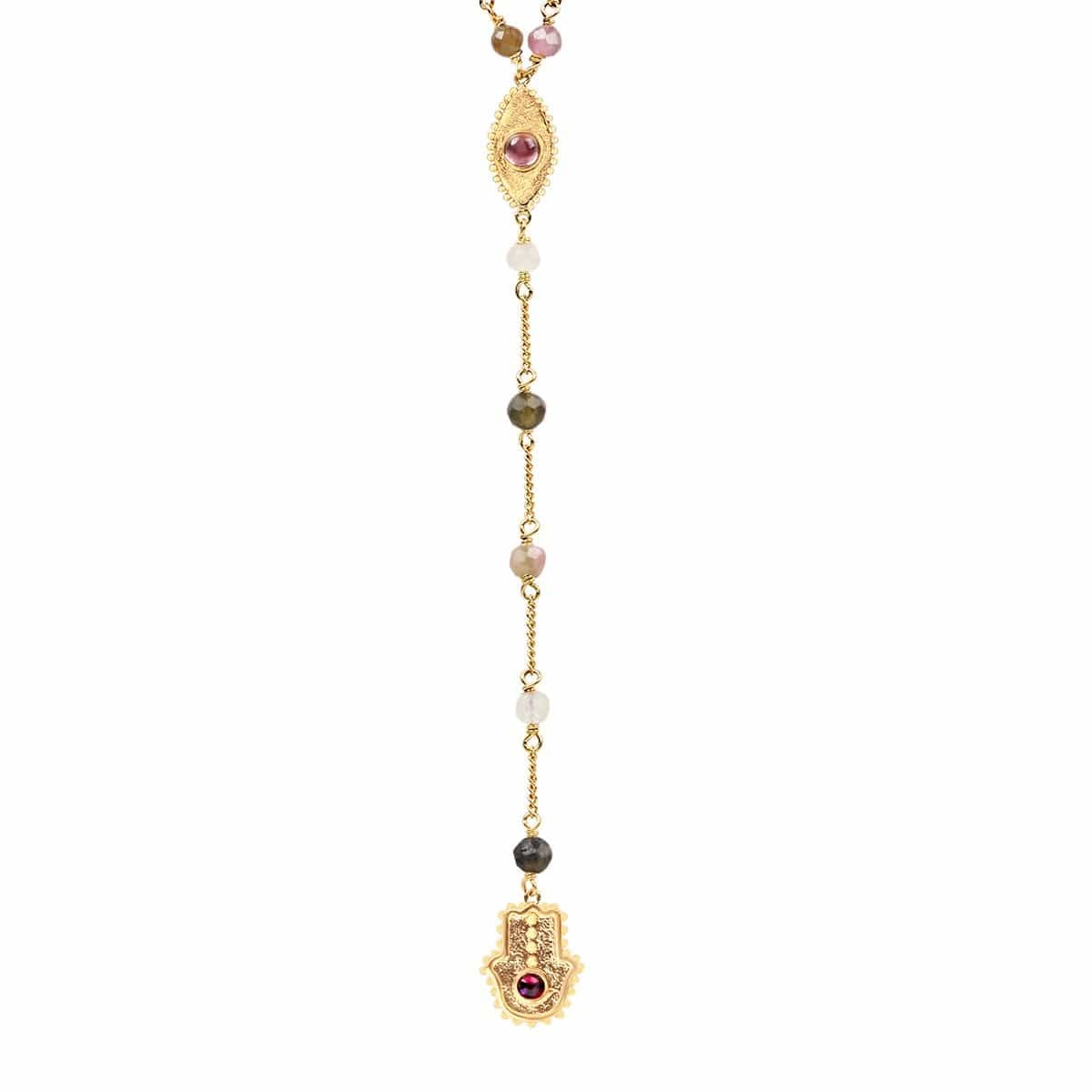 Karma and Luck Benevolent Spirit Women's Real Tourmaline Evil Eye Hamsa Necklace - 18K Gold Plated Brass Lariat for Protection & Abundance | Handmade in Bali | Perfect for Spiritual Protection, Gift Giving & Boho Fashion