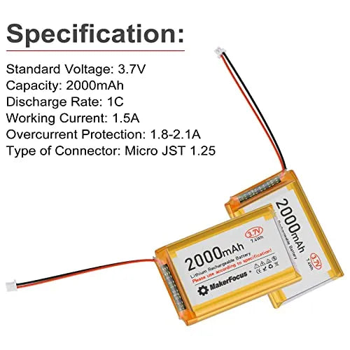 3.7V 2000mAh 1S Lipo Battery with Protection Board - Rechargeable Lithium Battery Pack for Arduino, NodeMCU, ESP32 (4pcs) - Includes Micro JST 1.25 Plug & Rubber Insulation Tape | Perfect for DIY Electronics, Robotics & RC Projects
