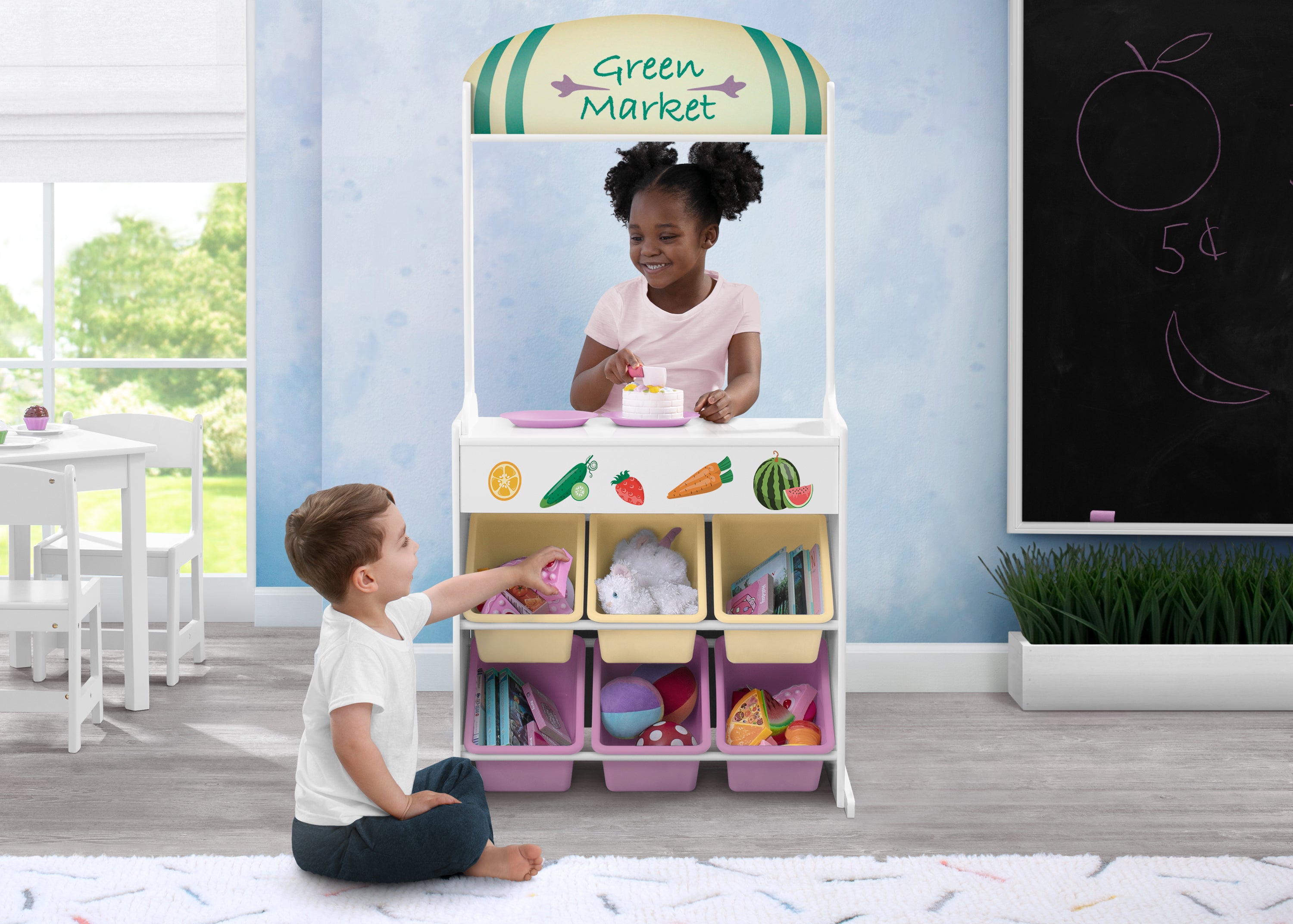Reversible 4-in-1 Pretend Play Center with Chalkboard & Storage - Kids Activity Table for Drawing, Learning & Imaginative Play - Perfect for Home, Classroom & Daycare