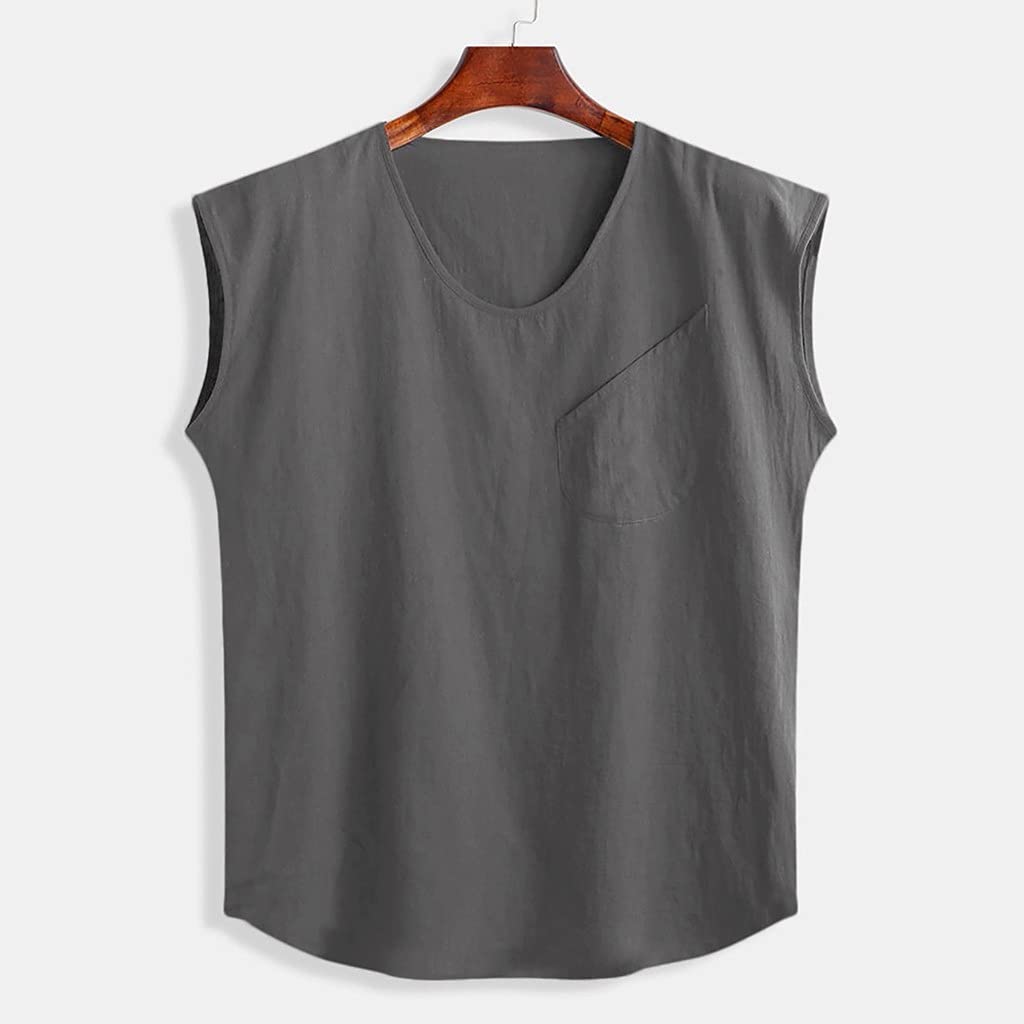Men's Summer Cotton Linen Sleeveless Vest - Breathable O-Neck Tank Top with Pocket for Casual Wear & Outdoor Activities (Gray, XL) - Perfect for Beach, Gym, and Street Style Fashion