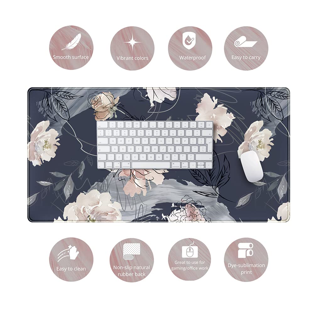XL Gaming Mouse Pad (31.5x15.7 Inch) - Large Non-Slip Base with Stitched Edges, Waterproof Keyboard Mouse Mat Desk Pad for Work & Gaming - Blue Grey Pink White Peony Design - Perfect for Office, Home & Esports Setup