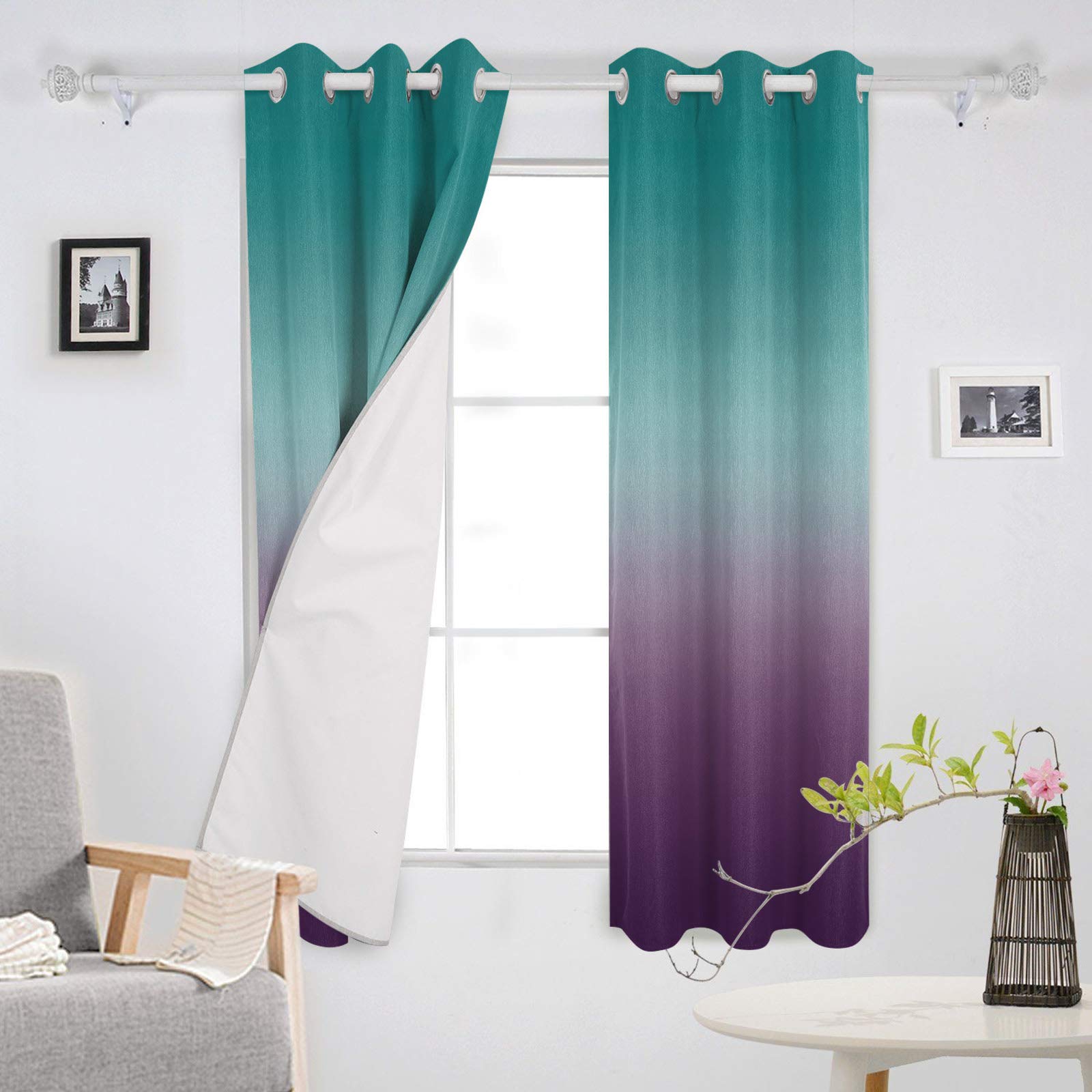 Turquoise Purple Gradient Blackout Curtains - Thermal Insulated Room Darkening Drapes for Living Room & Bedroom - Set of 2 Panels 52x52 Inch - Perfect for Home Theater, Nursery & Light Sleepers