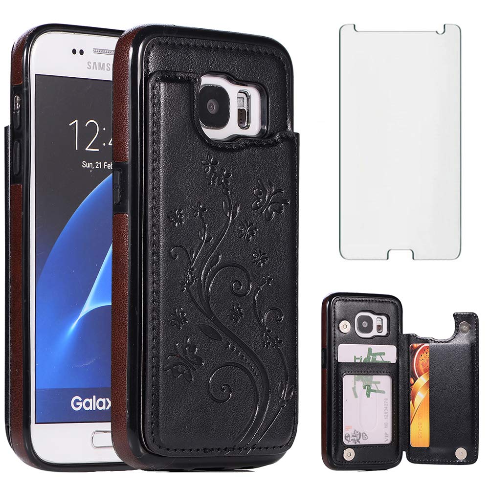 Premium Samsung Galaxy S7 Phone Case with Tempered Glass Screen Protector - Wallet Flip Leather Cover with Card Holder & Stand Function - Compatible with Galaxy S7/SM-G930V/G930A (Black) - Perfect for Daily Use, Travel & Business Meetings