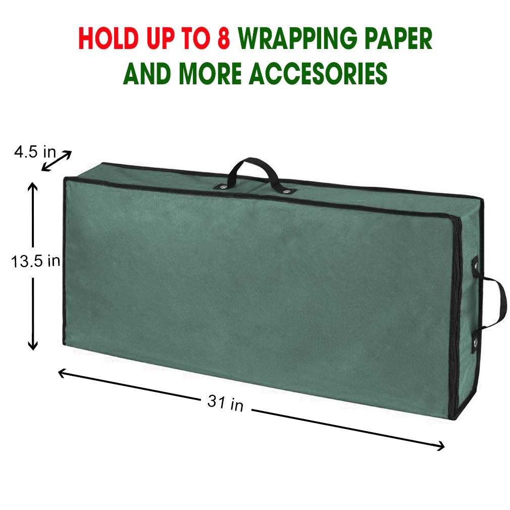 Primode Wrapping Paper Storage Container - Under Bed Gift Wrap Organizer for 30 Inch Rolls | 31”x13.5”x4.5” | 600D Oxford Fabric Box with Pockets for Ribbons, Bows & Accessories (Green) | Perfect for Holiday Gift Wrapping, Birthday Parties & Craft Room Organization