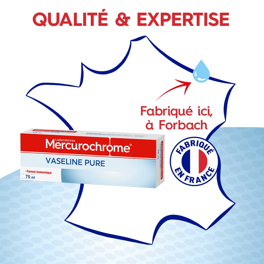 Mercurochrome Vaseline Pure Petroleum Jelly Tube - 75mL - Multi-Purpose Lubricant & Moisturizer - Travel Size - Made in France - for Smooth Skin, Minor Cuts & Household Uses