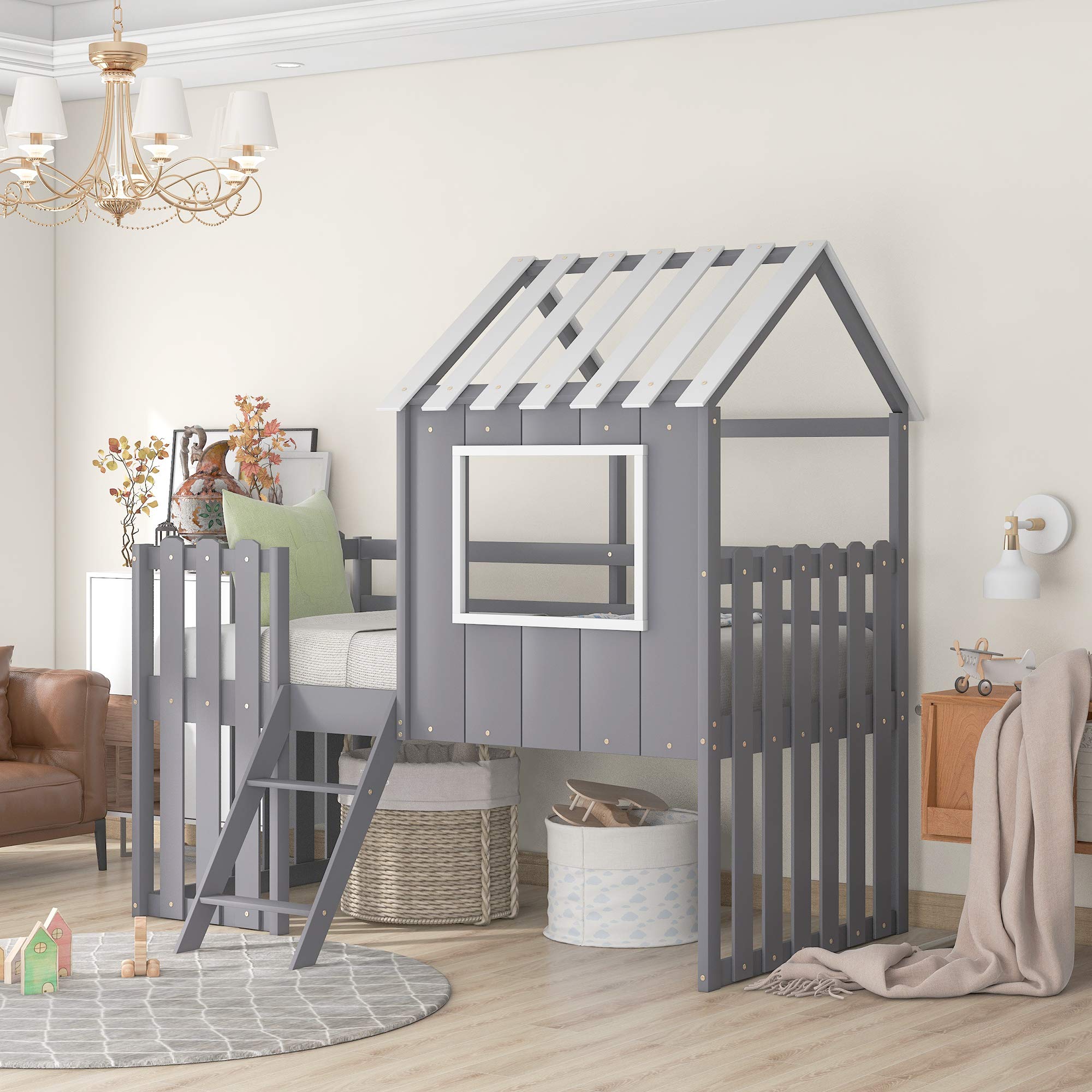Rustic Twin Loft Bed with Fence-Shaped Guardrail, Roof & Window - Wooden Low Loft Bed Frame with Ladder for Kids & Teens - No Box Spring Needed (Gray) - Perfect for Small Bedrooms, Dorm Rooms & Space-Saving Kids' Rooms