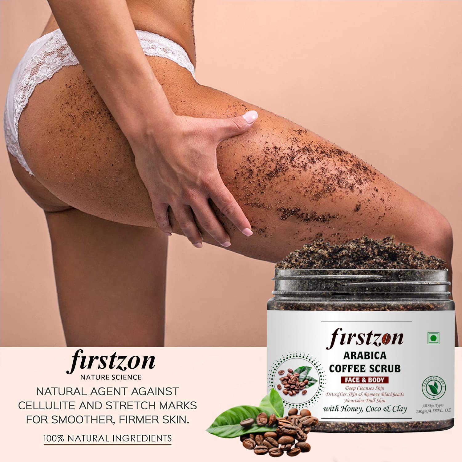FIRSTZON Arabica Coffee Face & Body Scrub - Natural Exfoliator for Skin Brightening & De-Tanning | Gently Exfoliates Knees, Elbows, Face, Scalp & Arms | Perfect for Spa Day, Self-Care Routine & Glowing Skin