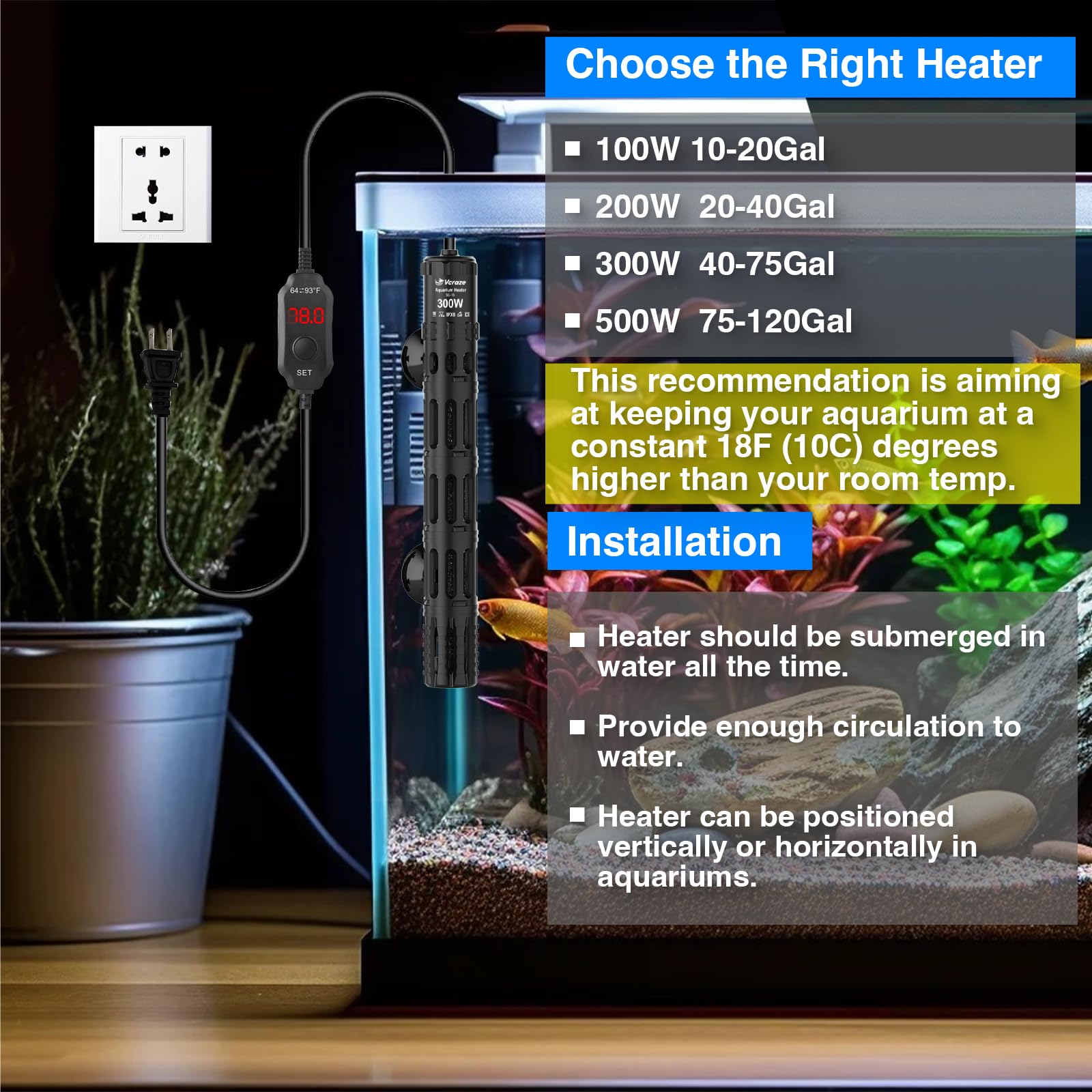 300W Submersible Aquarium Heater with LED Digital Display Thermostat - Adjustable Fish Tank Heater for 40-75 Gallon Tanks, Protective Housing for Saltwater & Freshwater Aquariums - Perfect for Tropical Fish, Betta Tanks & Marine Life