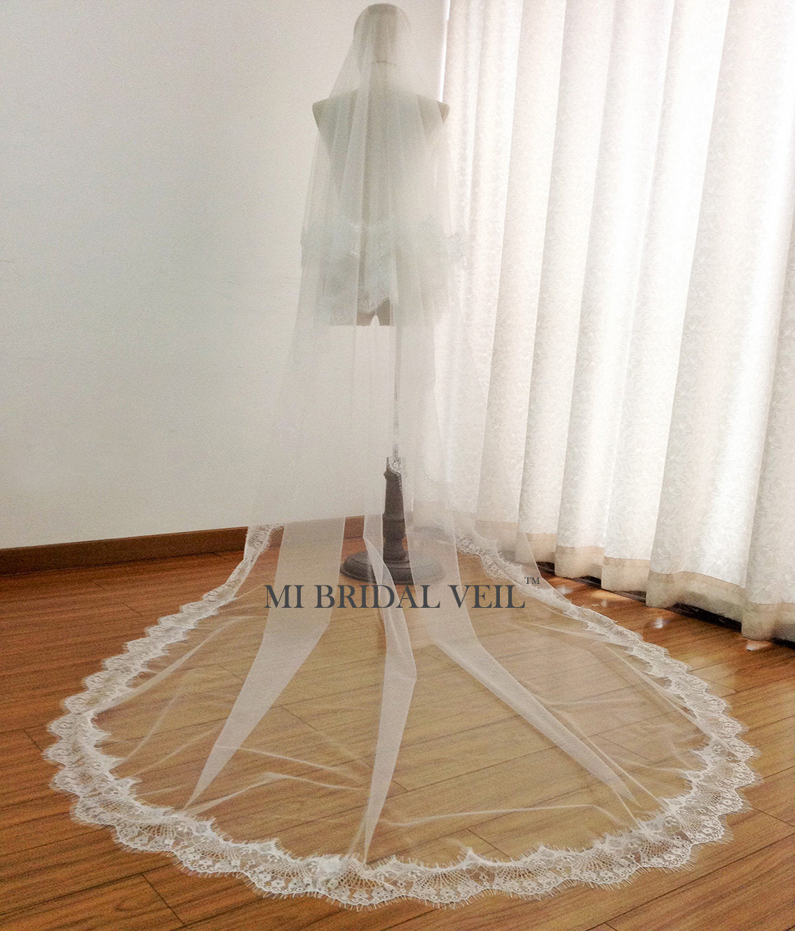 Elegant Cathedral Lace Wedding Veil with Blusher - Handmade Eyelash Lace Bridal Veil for Bride | Perfect for Church Ceremony, Outdoor Wedding & Formal Photoshoots