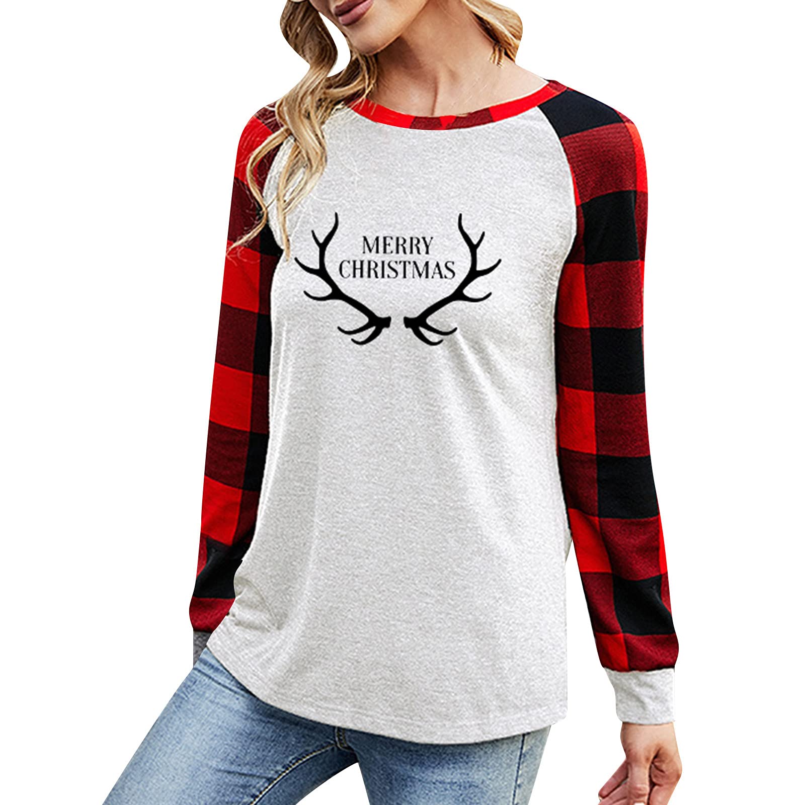 Women's Plaid Patchwork Sweatshirt - Cozy Long Sleeve Pullover for Winter & Fall | Gym, Vacation & Christmas Outfit | Casual Streetwear & Loungewear
