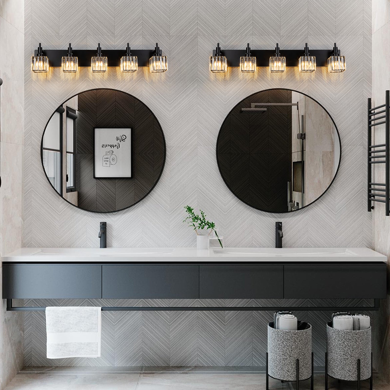 Glowlings 3/4/5 Light Modern Matte Black Square Crystal Bathroom Vanity Light - Elegant Over Mirror Lighting for Bathroom, Powder Room & Dressing Area