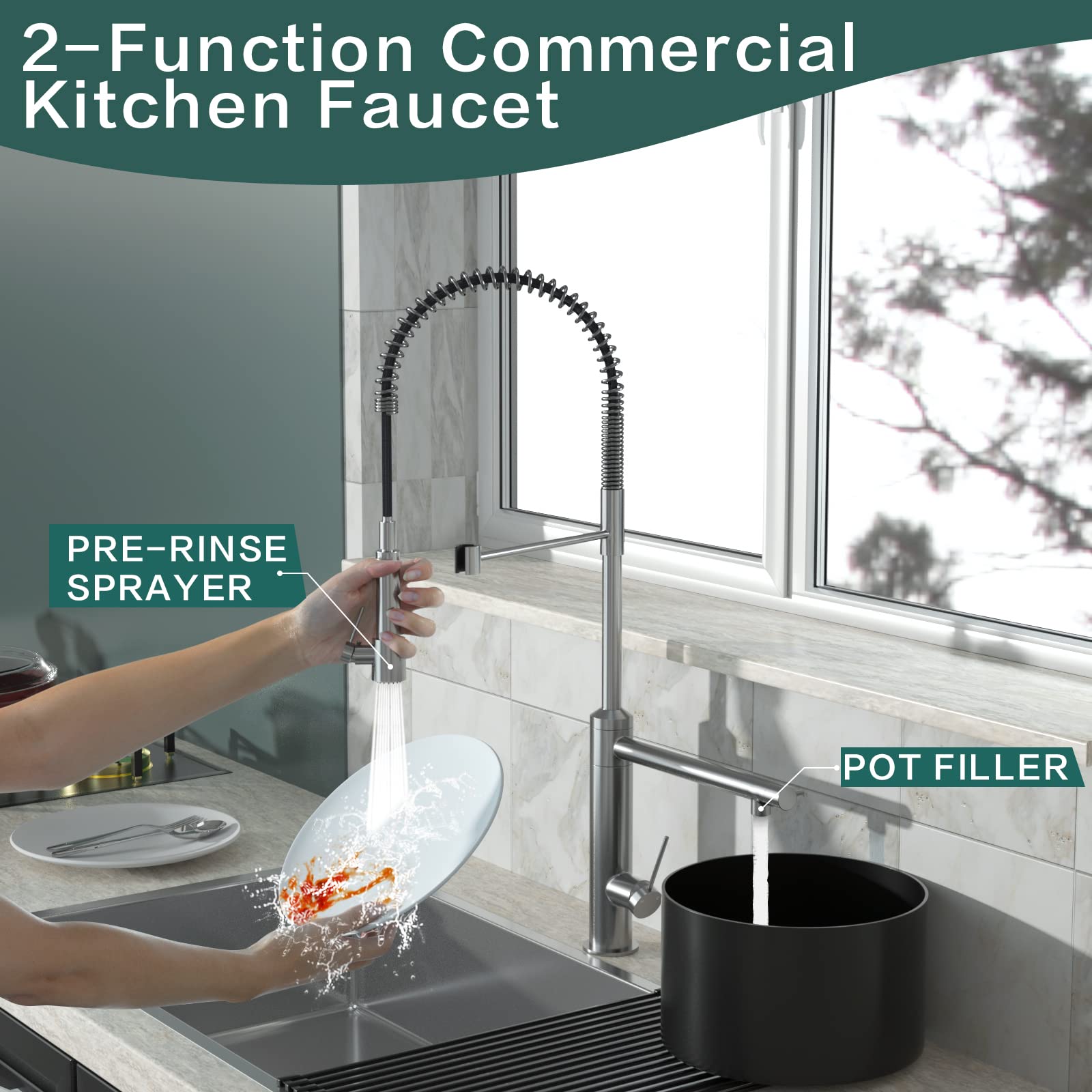 **CWM Commercial Kitchen Faucet with Pull Down Sprayer - 26.61 Inch Brushed Nickel Stainless Steel High Arc Sink Faucet with Pre-Rinse Sprayer for Restaurants, Home Kitchens & Bar Sinks**    *(Perfect for heavy-duty cooking, dishwashing, and food prep in commercial kitchens, home kitchens, and bar areas.)*