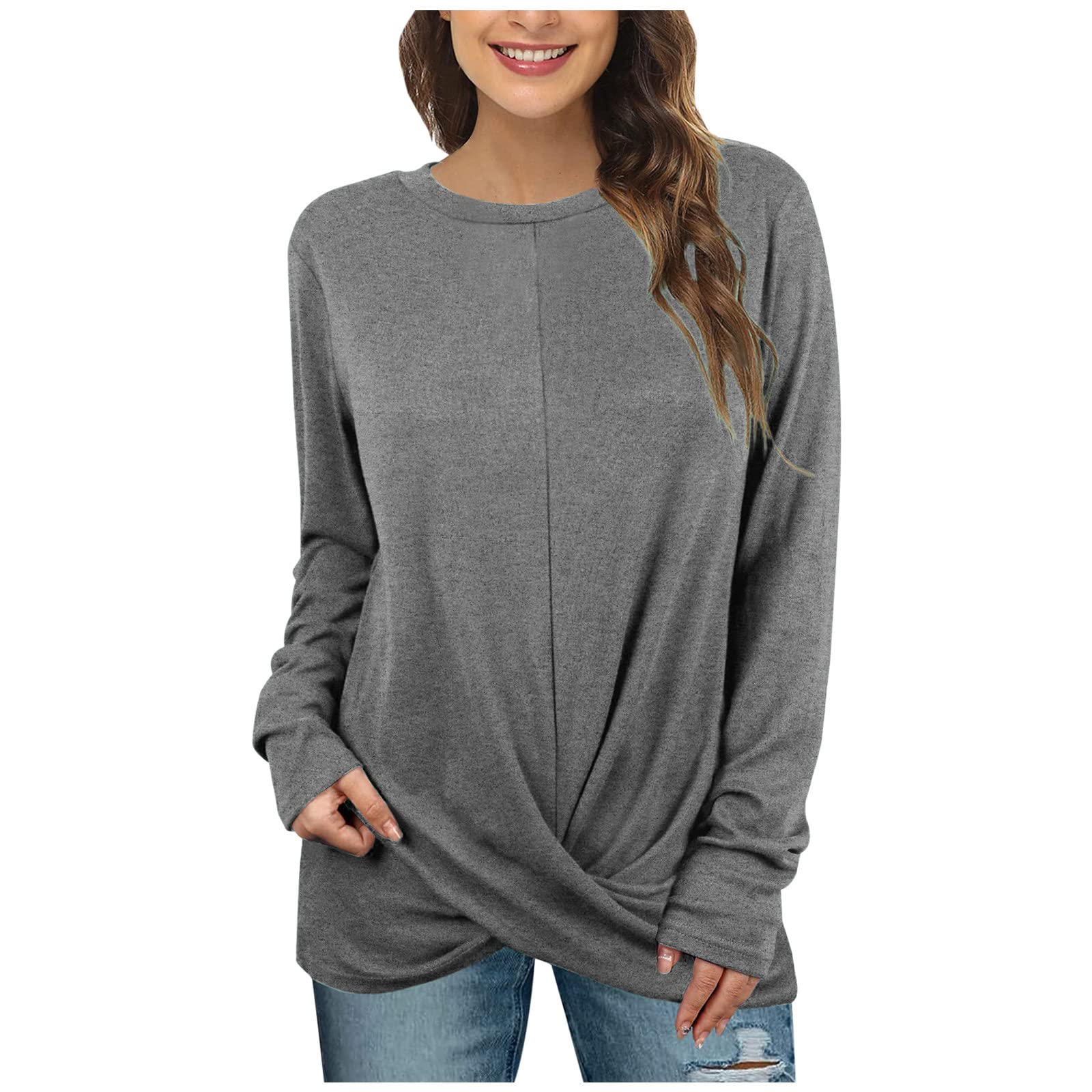 Women's Crew Neck Long Sleeve Shirts - Solid Color Casual Tops with Side Split Detail | Perfect for Everyday Wear, Office Outfits & Relaxed Weekend Looks