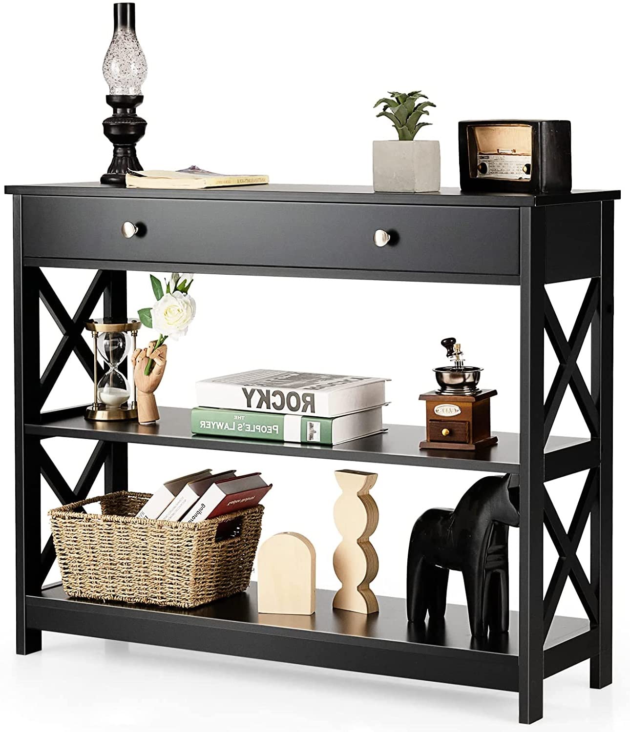LUARANE Console Table with Storage - Sofa Table with 2 Open Shelves & Drawer - Narrow Accent Table with X-Shaped Wooden Frame - Multifunctional Entryway Table for Living Room, Hallway, Bedroom or Office (Black)