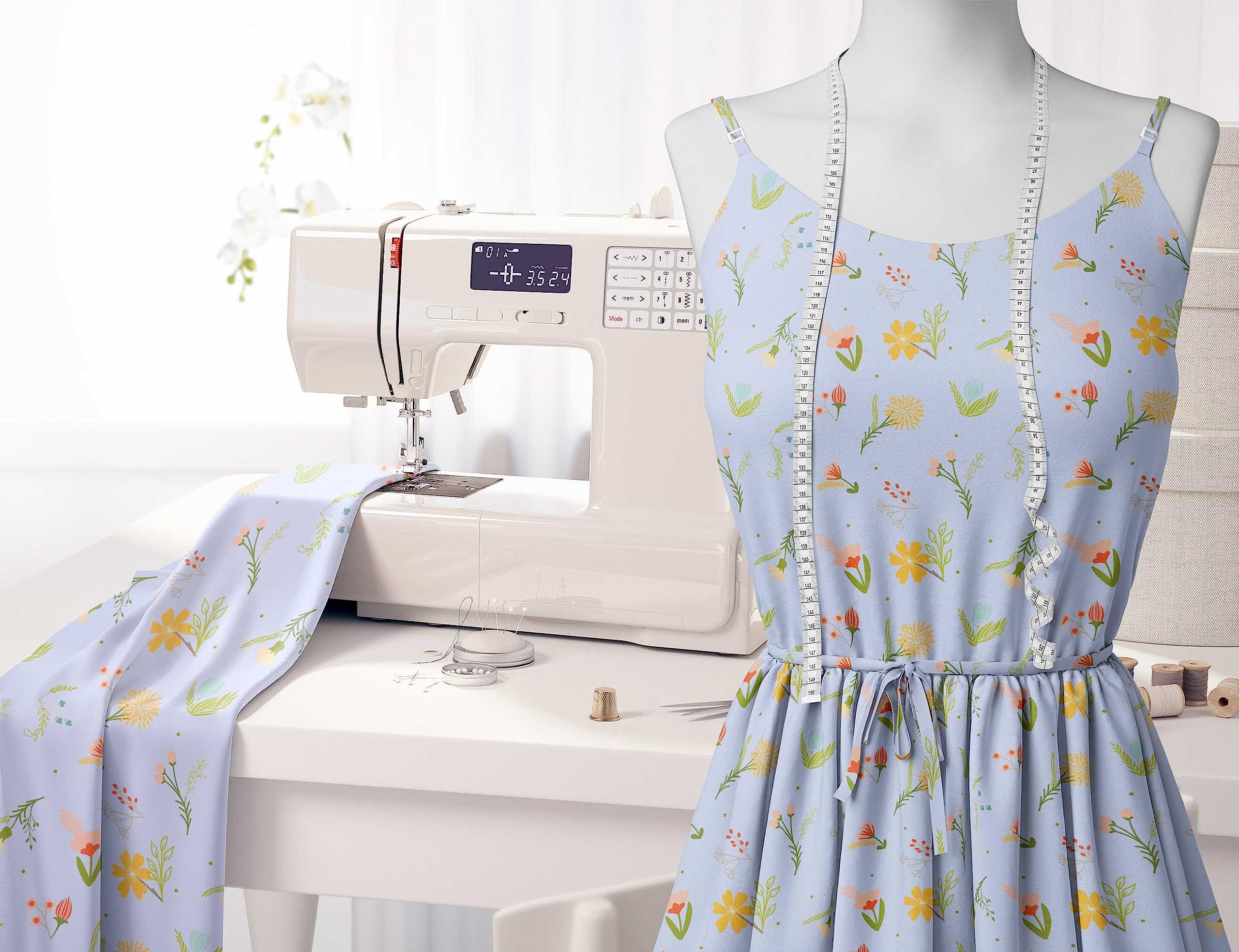 Soimoi Moss Georgette Blue Fabric by The Yard - 42 Inch Wide Printed Fabric with Artistic Leaf & Floral Pattern for Dresses, Scarves, Home Decor & DIY Fashion Projects