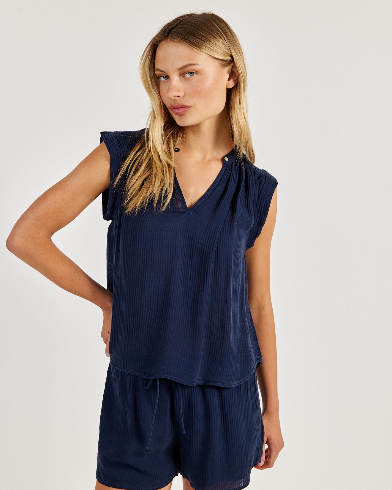 Italian Navy Shirred Pullover Cap Sleeve Top - Women's Casual Summer Blouse for Beach, Office & Date Night
