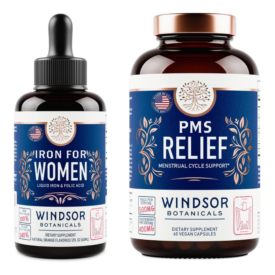 WINDSOR BOTANICALS Liquid Iron Supplement & PMS Relief Capsules for Women - Boost Energy, Reduce Cramps & Support Menstrual Health | Perfect for Active Lifestyles, Workouts & Daily Wellness