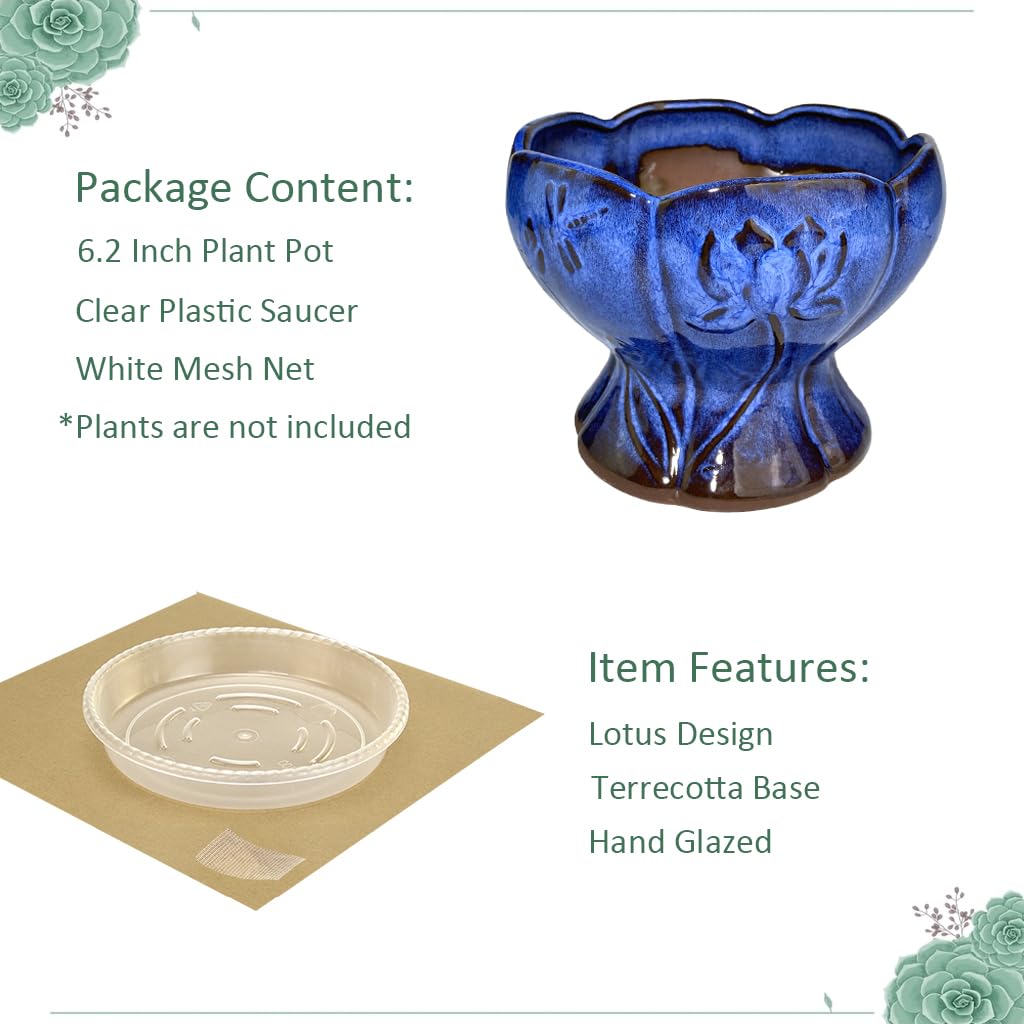 6.2 Inch Purple Glazed Terracotta Planter Pot with Drainage Hole & Saucer - Round Lotus Ceramic Flower Pot for Succulents, Cactus, Indoor Plants - Perfect for Home Decor, Office Desk, Garden & Balcony