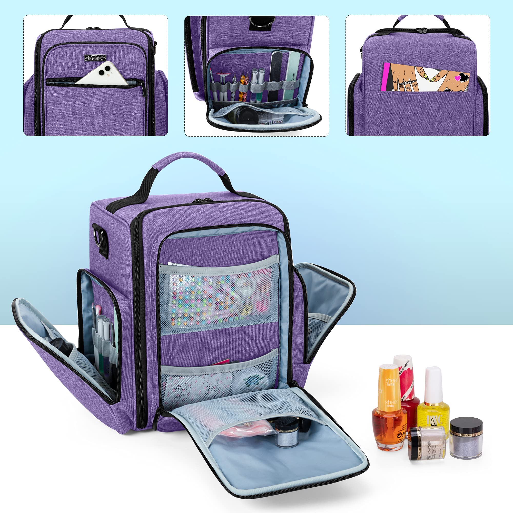 BAFASO 48 Bottle Nail Polish Organizer with Lamp & Pouches - Purple for Salon & Home Use