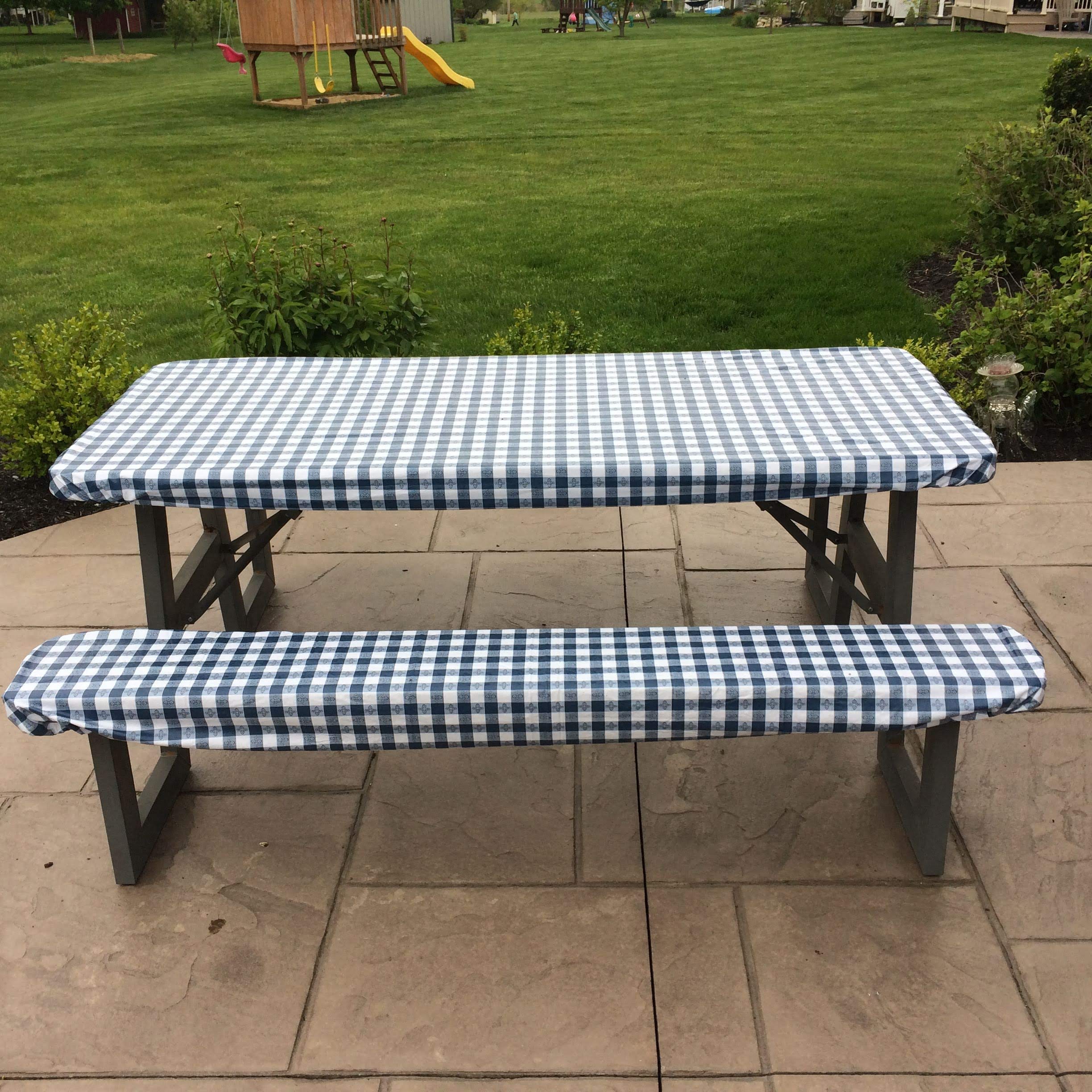 Waterproof Vinyl Tablecloth and Bench Cover Set - Handmade Boxwood & Mum Design, Adjustable Fitted Outdoor Patio Furniture Protector - Perfect for Dining Tables, Camping, Picnics & Outdoor Entertaining