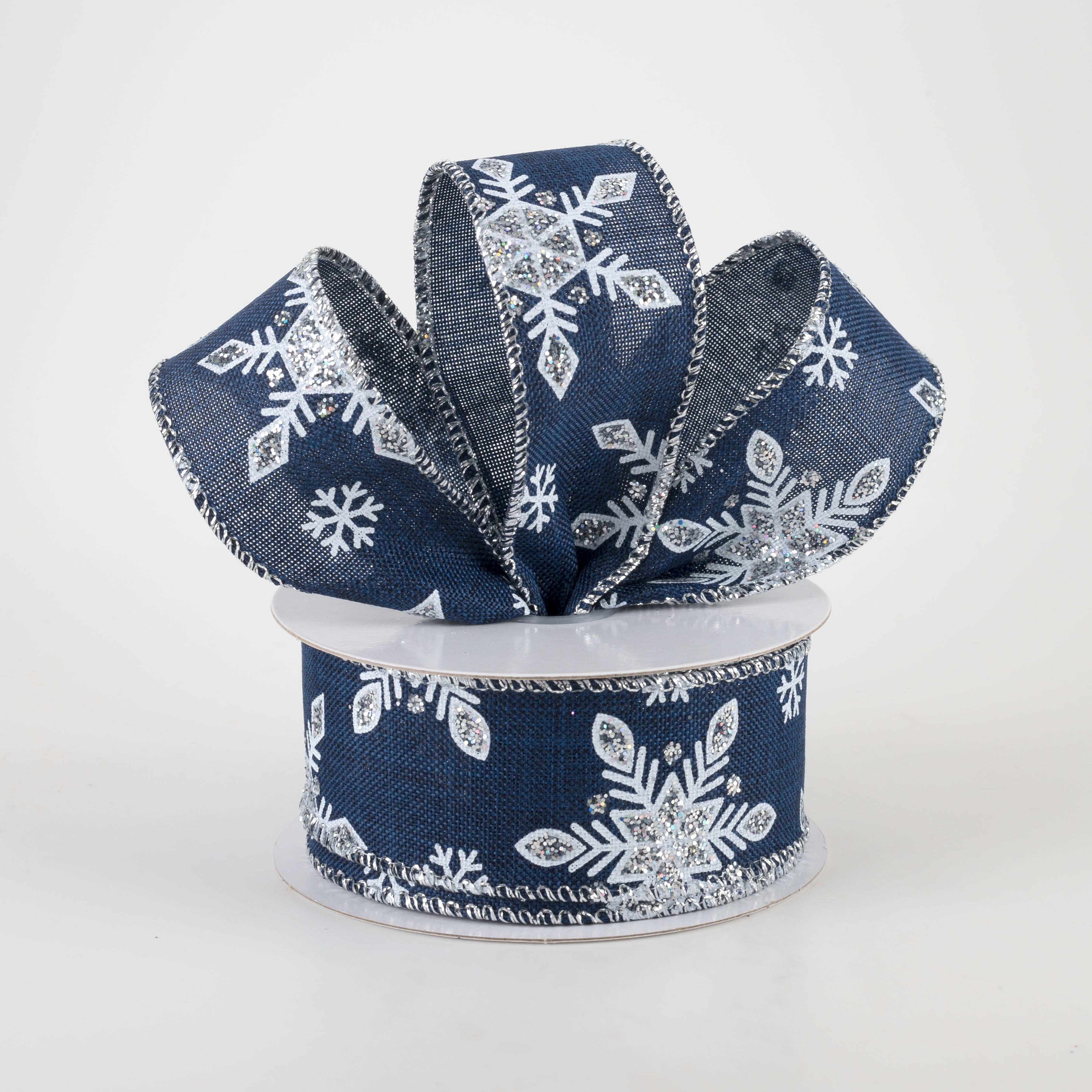 1.5 Inch Navy Blue Linen Silver Snowflake Ribbon - 10 Yards Bulk Roll for Christmas Gift Wrapping, Holiday Crafts, DIY Decorations, and Scrapbooking