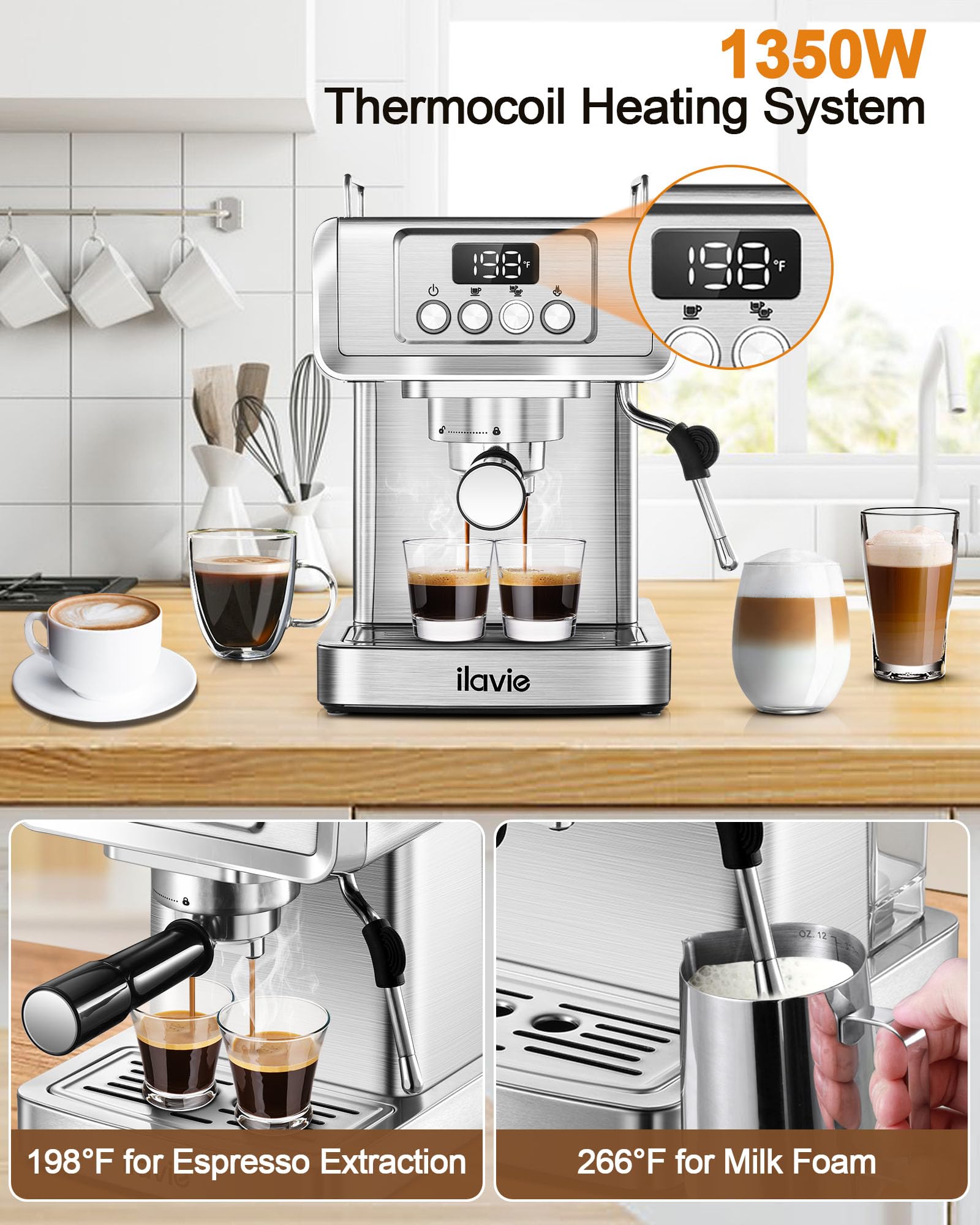 20 Bar Professional Espresso Machine with Steam Milk Frother - Stainless Steel Coffee Maker with 61oz Removable Water Tank - Perfect for Home, Office, Gifts for Dad & Mom - Enjoy Café-Quality Lattes & Cappuccinos Every Morning