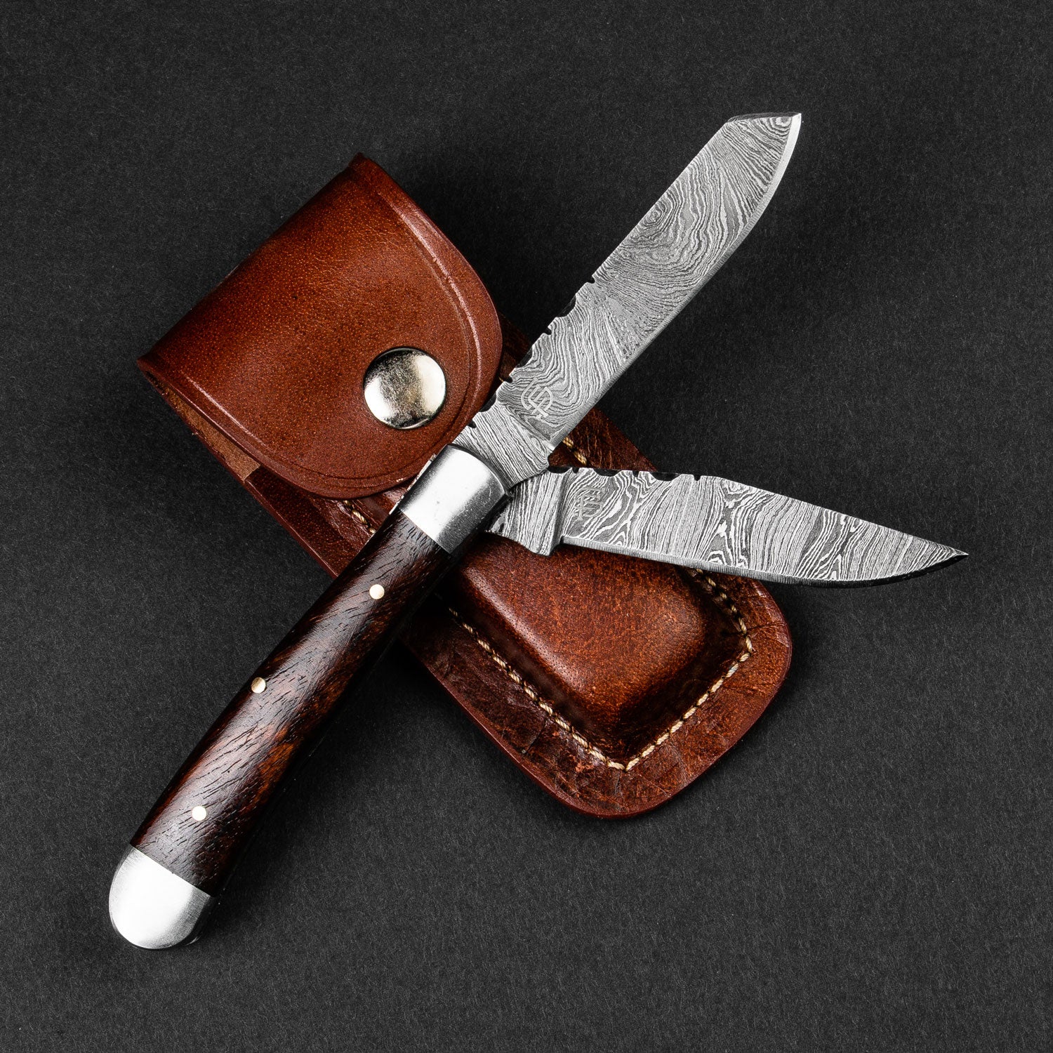 Premium Damascus Steel Folding Pocket Knife - 2 Blades, Razor Sharp, Durable & Portable - Perfect for Camping, Hiking, Survival & Everyday Carry (EDC)