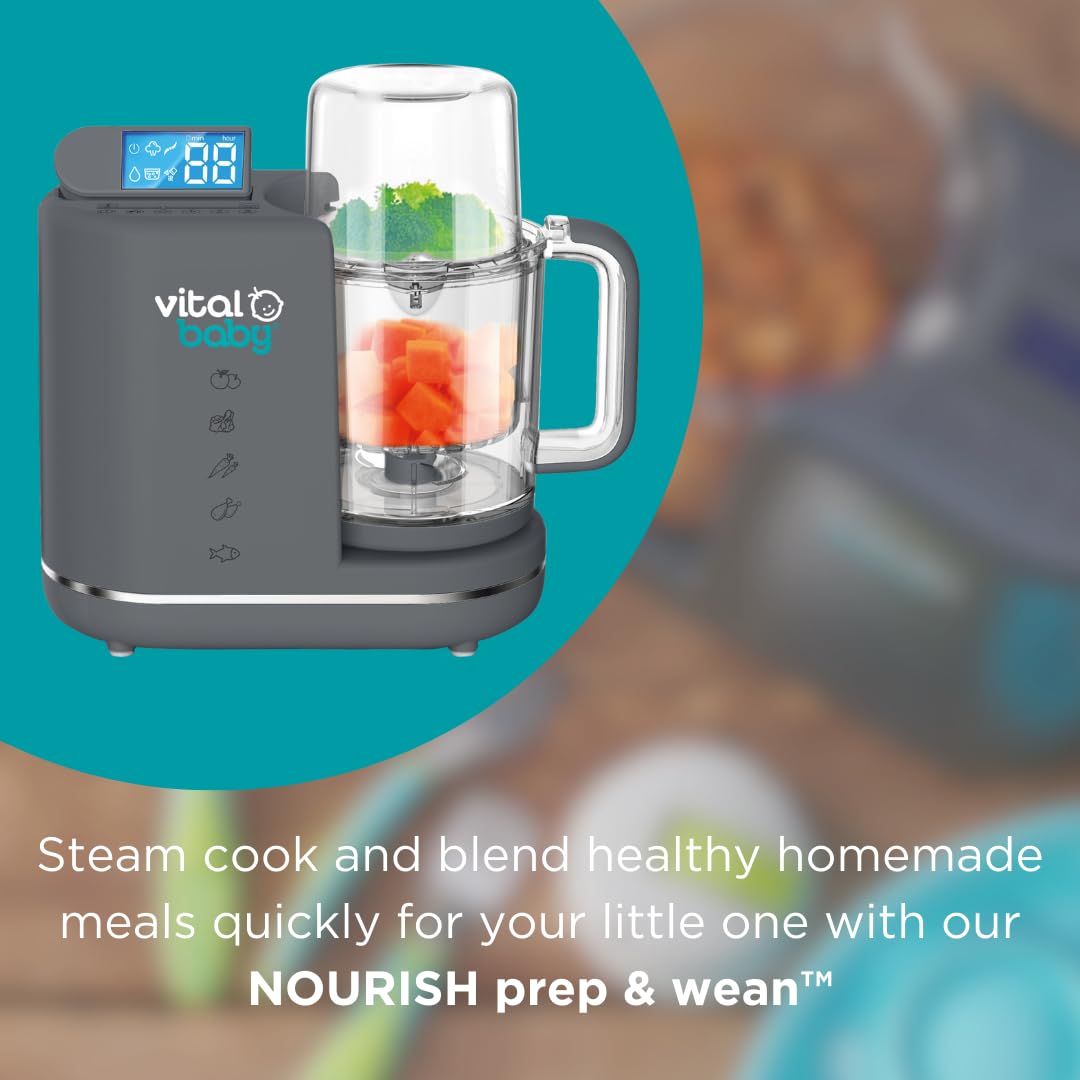 Vital Baby NOURISH Prep & Wean™ - 3-in-1 Baby Food Maker with Steamer, Blender & Sterilizer - 2-Tier Cooking System for Fruits, Vegetables, Meat & Fish - 5 Blending Modes - Perfect for Homemade Baby Food Prep & Weaning Transition - Ideal for Busy Parents & Healthy Infant Nutrition