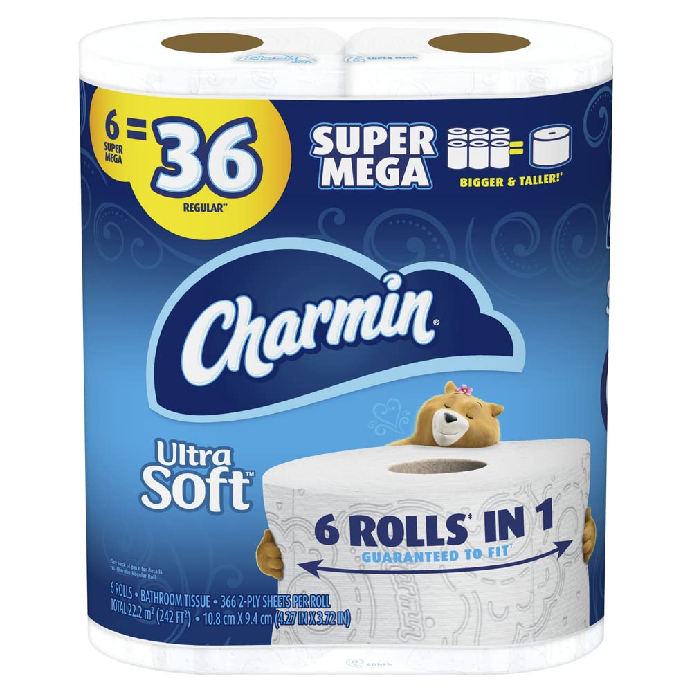 Charmin Ultra Soft Toilet Paper - 6 Super Mega Rolls (Equivalent to 36 Regular Rolls) | 6-Pack | Premium Bathroom Tissue for Gentle Clean | Perfect for Home, Office & RV Use