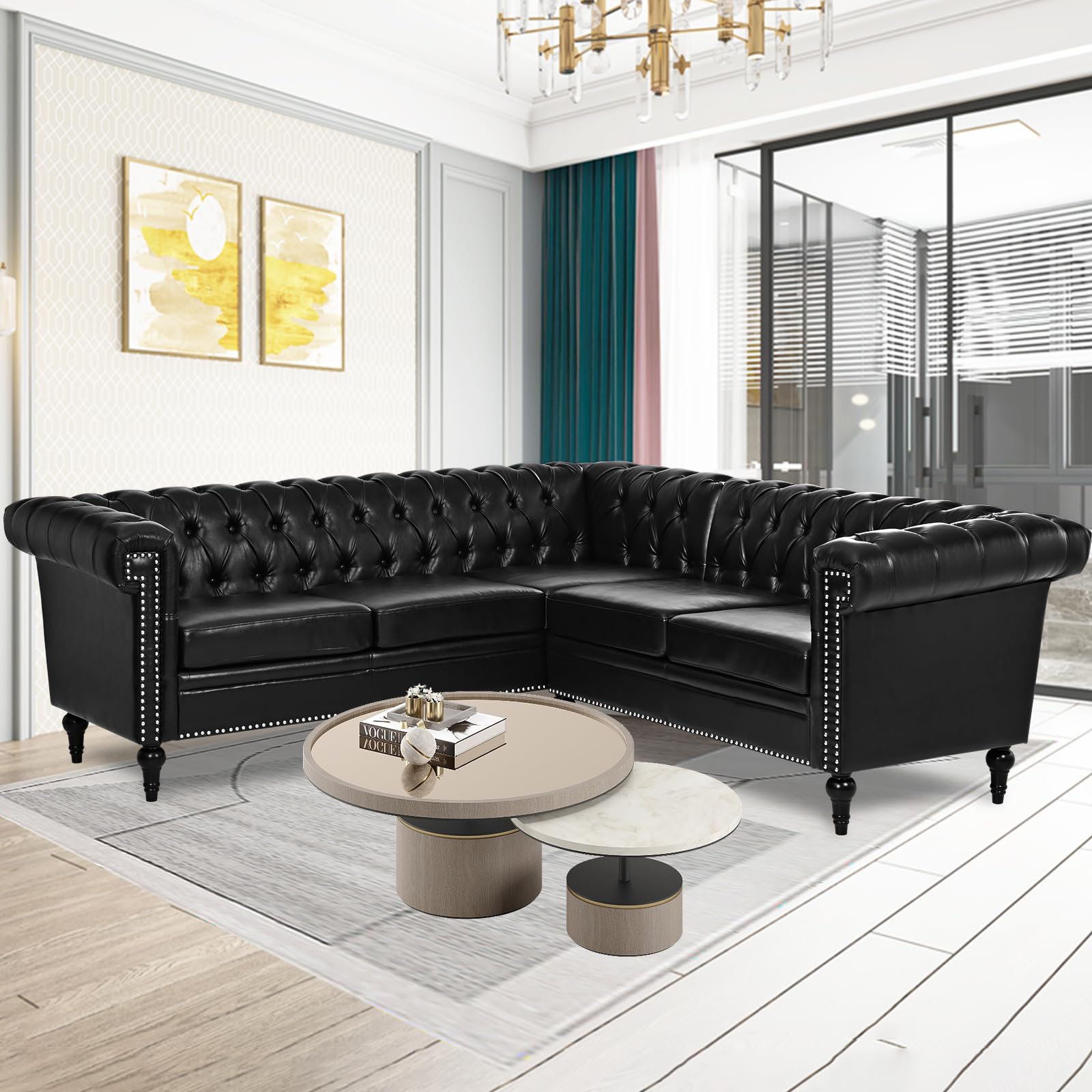 L-Shaped Faux Leather Sectional Sofa Set - Modern Chesterfield Style Button Tufted Corner Couch with Rolled Arms, Modular Design for Living Room, Home Theater & Office (Black) | Comfortable Upholstered Couches for Family Gatherings & Relaxation