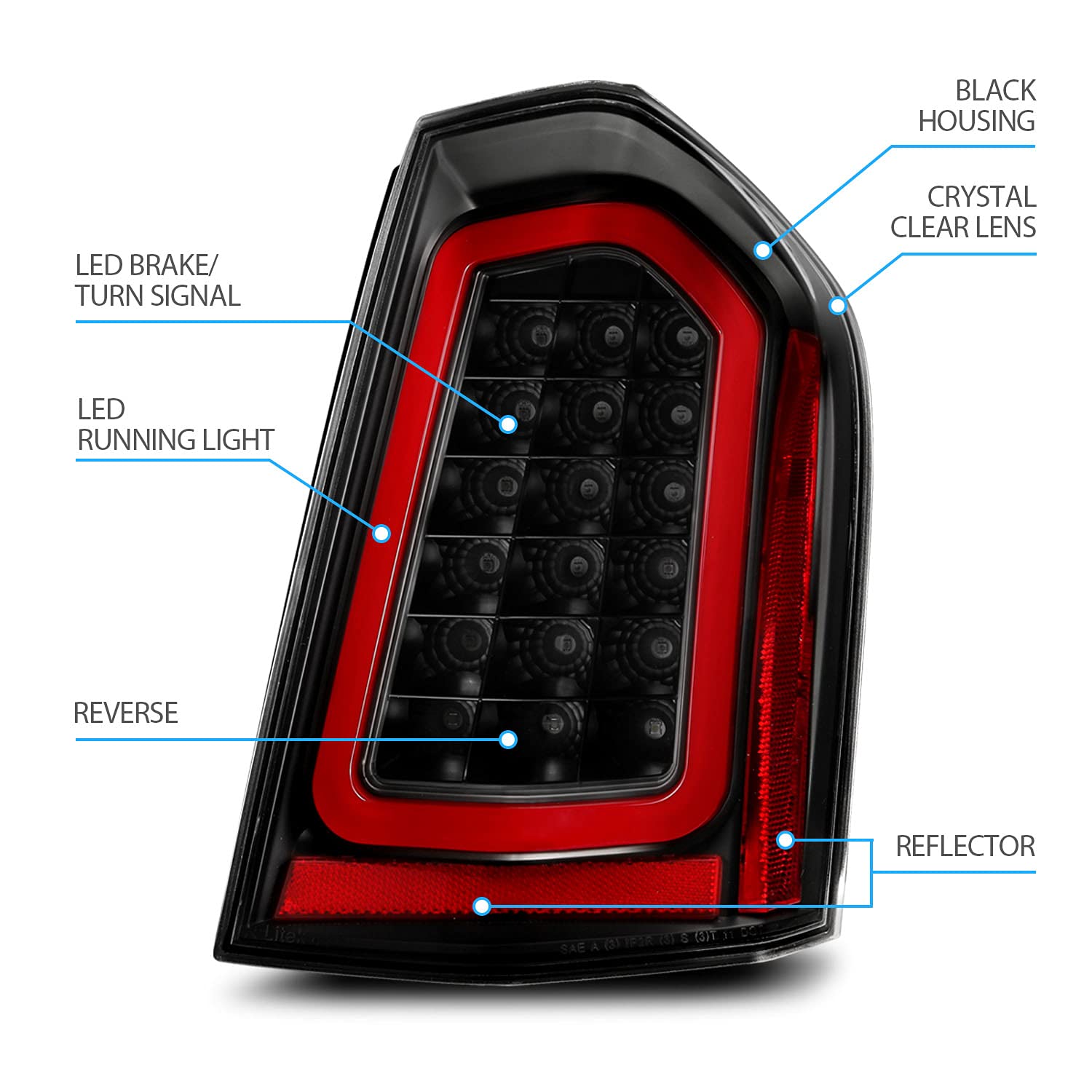 AmeriLite Full Intense LED Tail Lights Brake & Reverse Parking Light Bar for 2011-2014 Chrysler 300 Sedan - Black Housing Vehicle Light Assembly - Upgrade Your Car's Style & Safety for Night Driving & Parking