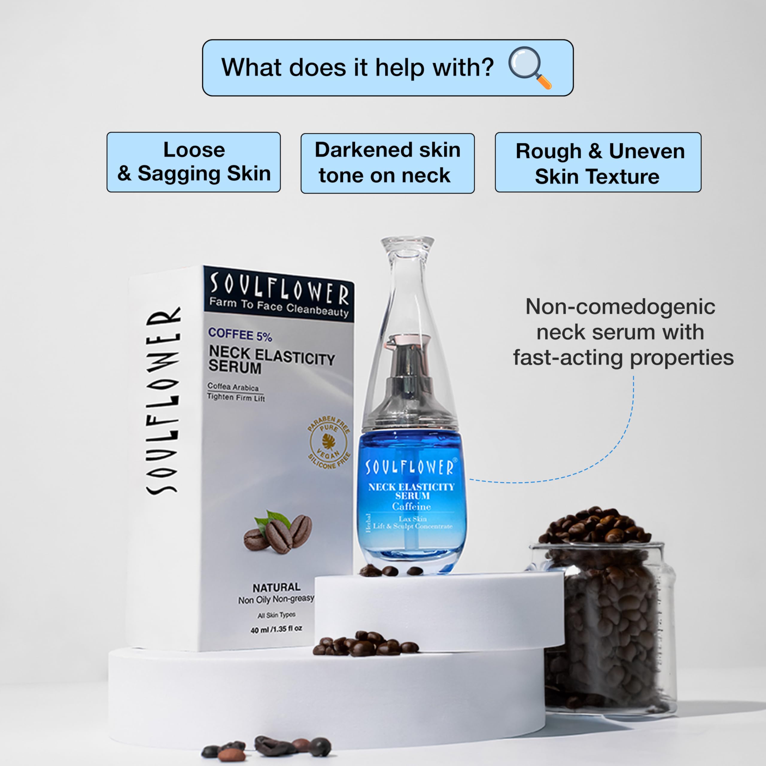 Soulflower Coffee 5% Neck Firming Serum - Anti-Aging Collagen Booster for Face & Neck | Skin Tightening & Volume Restoration | 40ml for Men & Women | Perfect for Daily Skincare Routine & Nighttime Rejuvenation