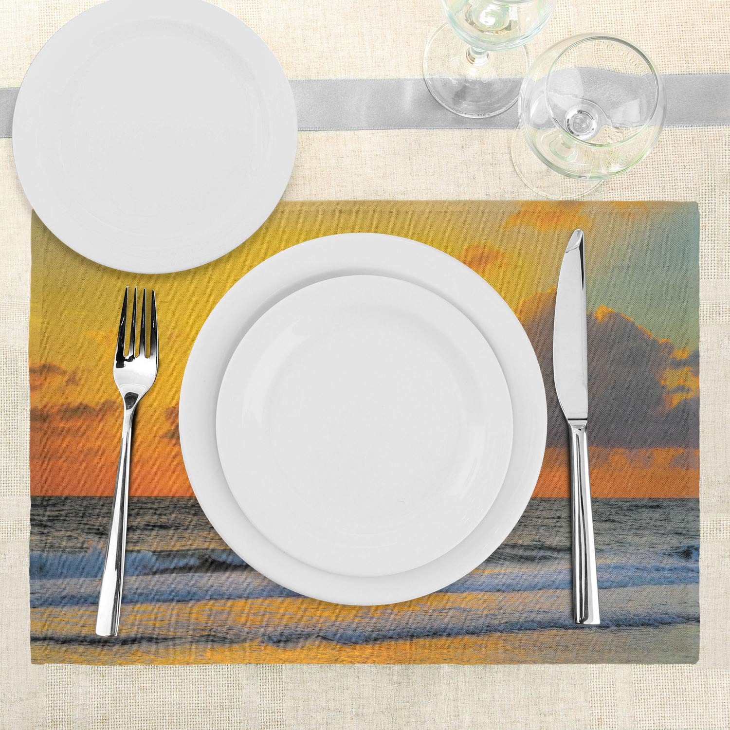 Ambesonne Ocean Place Mats Set of 4 - Brazilian Beach Sunrise Design with Sun Rays Through Clouds Over Sea, Washable Fabric Dining Table Placemats (Standard Size, Orange & Grey) - Perfect for Coastal Decor, Kitchen, and Outdoor Entertaining