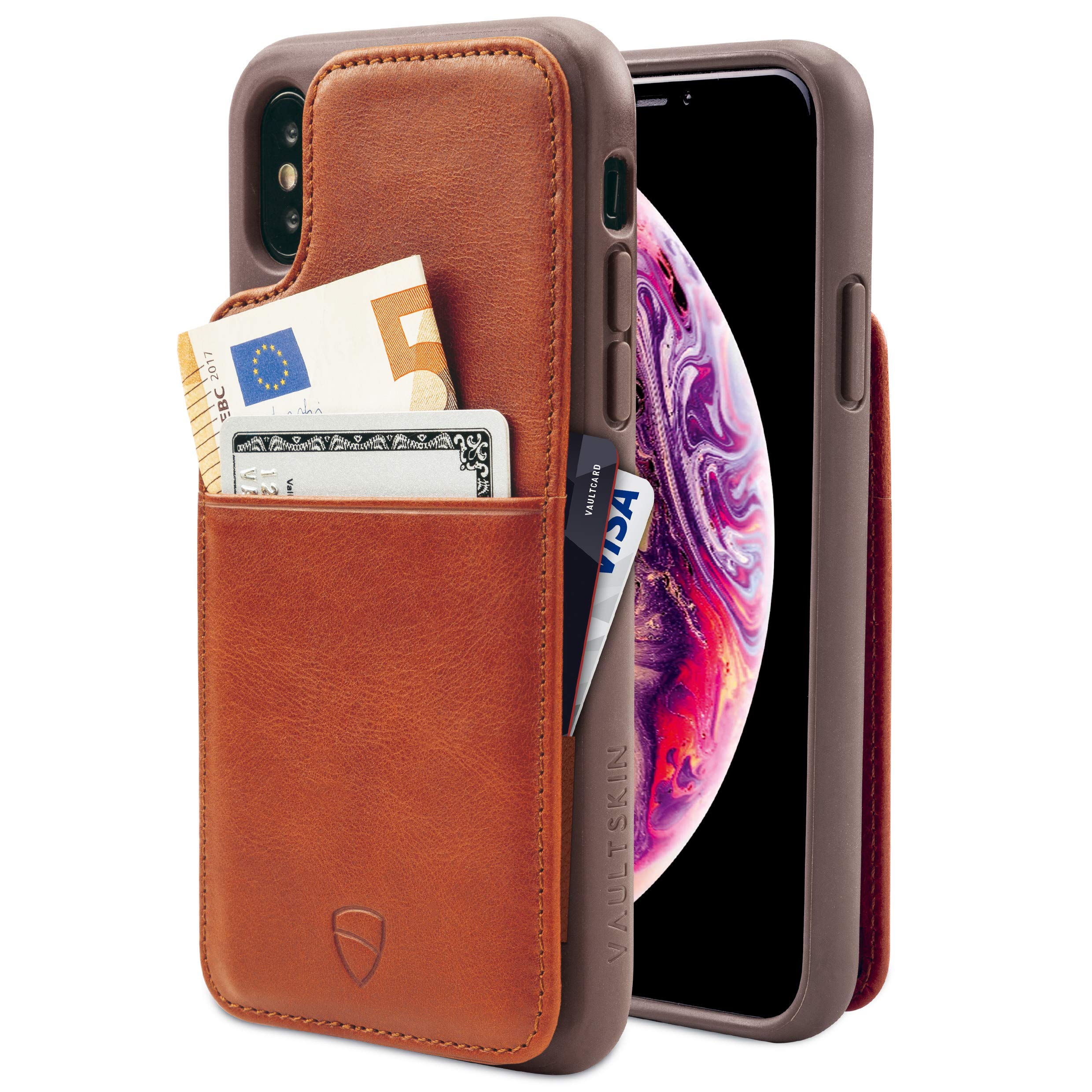 Vaultskin Eton Armour Slim Leather Wallet Case for iPhone Xs Max - Cognac Brown Genuine Leather Card Holder with RFID Protection | Perfect for Business Travel, Daily Commute & Secure Contactless Payments