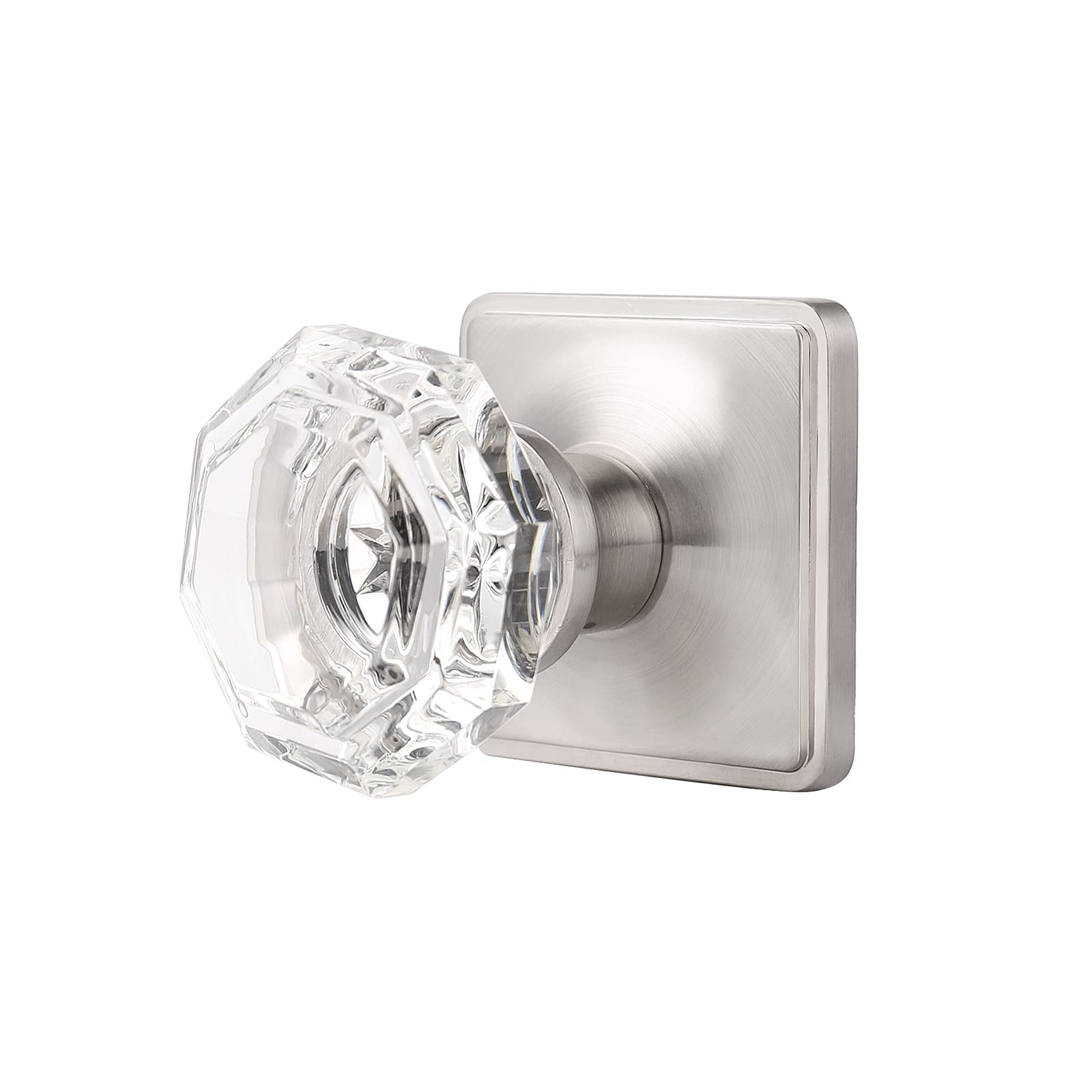 NIZADO - 1 Pack Clear Glass Crystal Door Knob with Lock, Satin Nickel Square Rosette - Elegant Interior Door Handle for Hallway, Closet & Bedroom - Diamond Cut Glass Doorknob for Home & Office Decor
