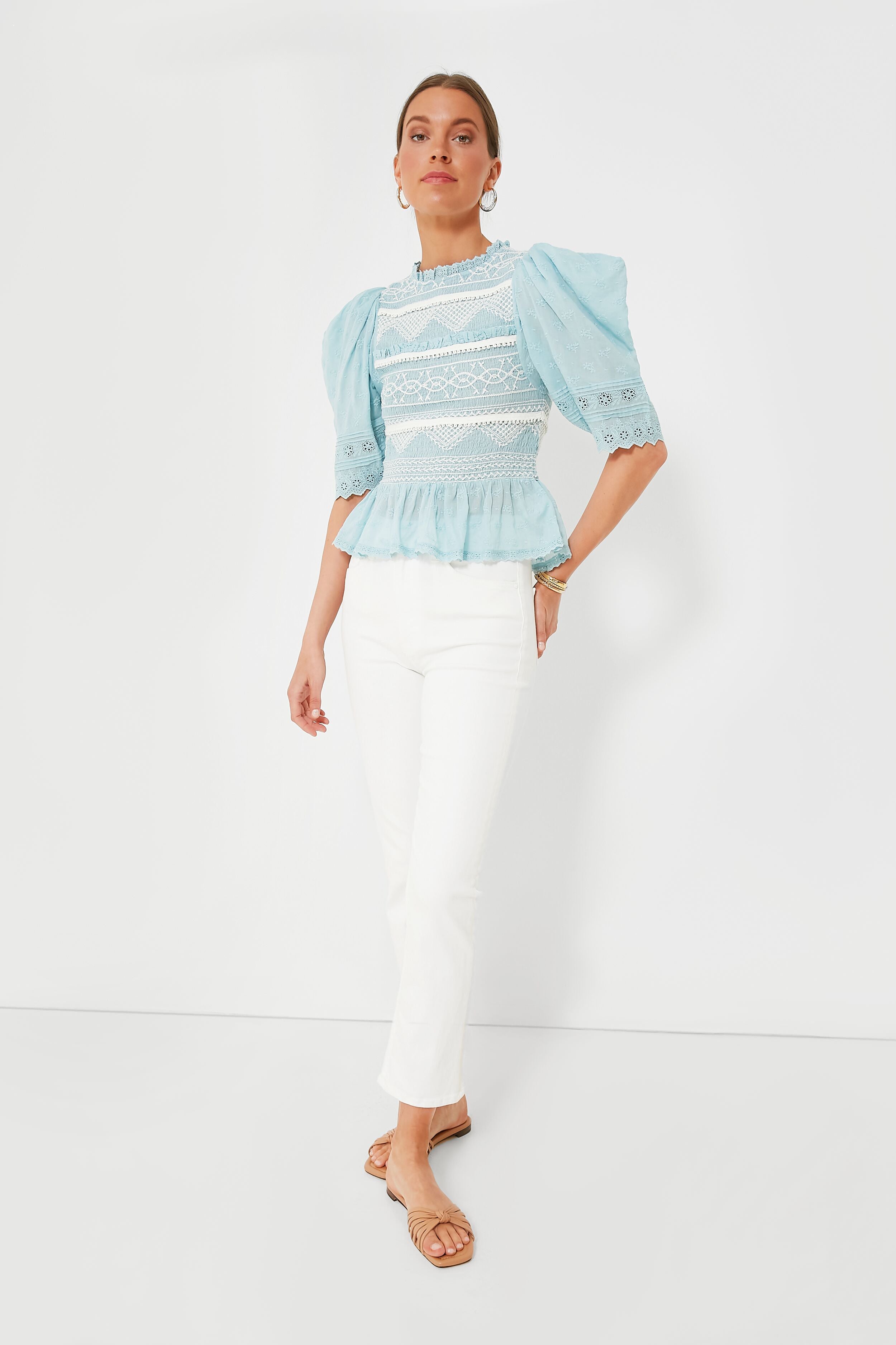 Blue Olga Hand Smocking Puff Sleeve Top for Women | Elegant Embroidered Blouse | Perfect for Casual Outings, Date Nights & Summer Fashion