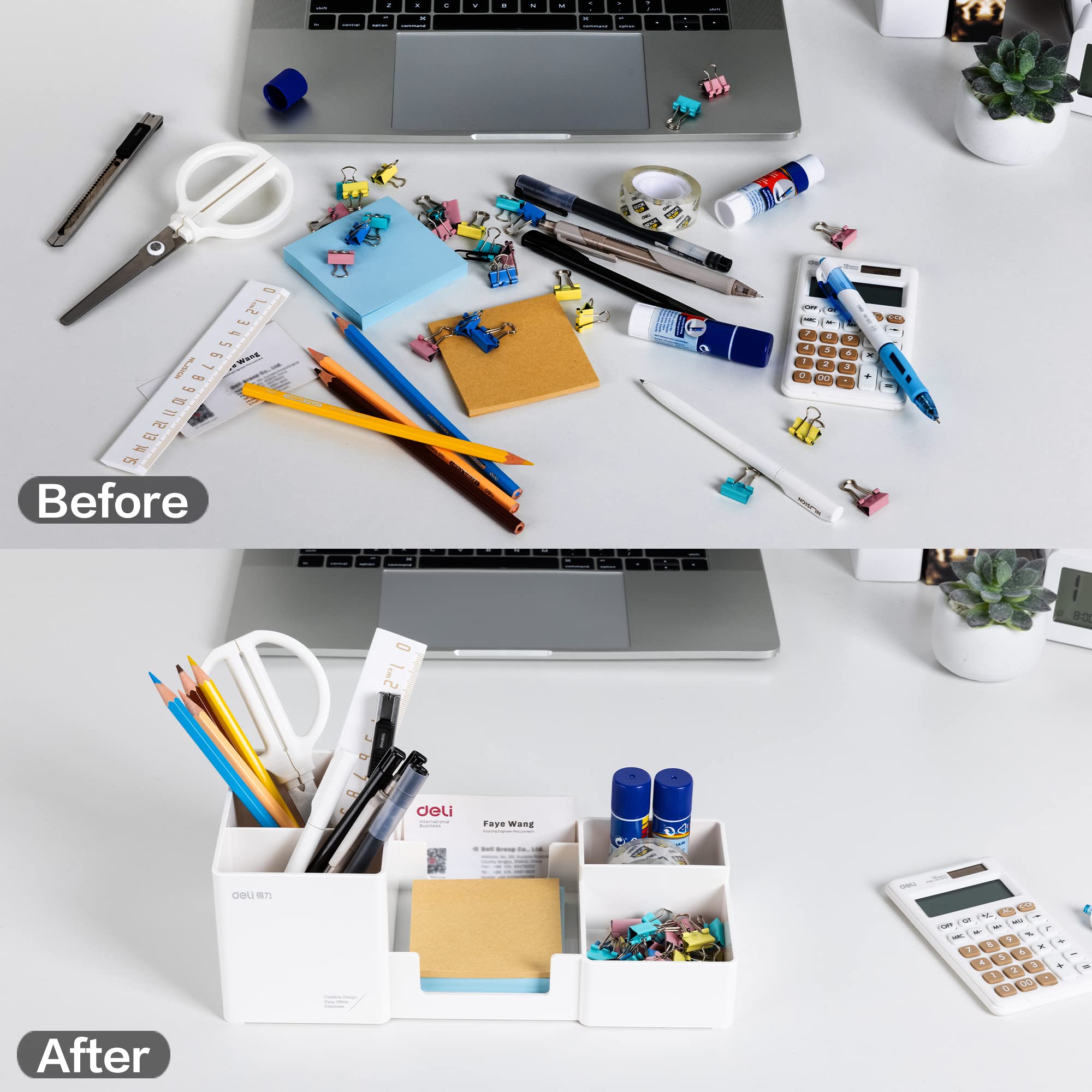 Deli White Plastic Desk Organizer with 6 Compartments - Pencil Holder & Sticky Note Tray for Office Supplies | Perfect for Home Office, School Desk, and Workspace Organization