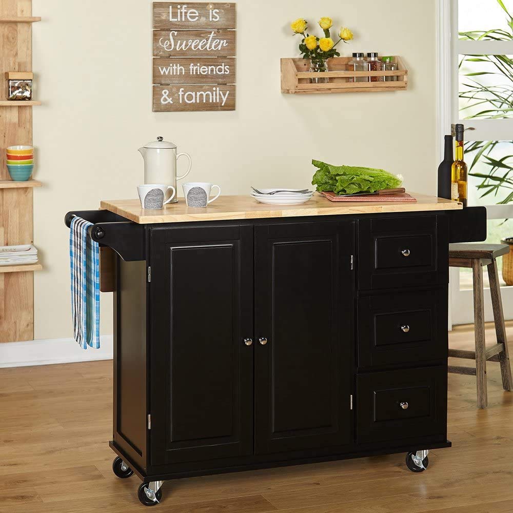 Traditional Chrome Metal 3-Drawer Drop Leaf Kitchen Cart - Black & Natural Wood Rolling Kitchen Island with Storage | Perfect for Small Spaces, Apartments & Mobile Cooking Stations