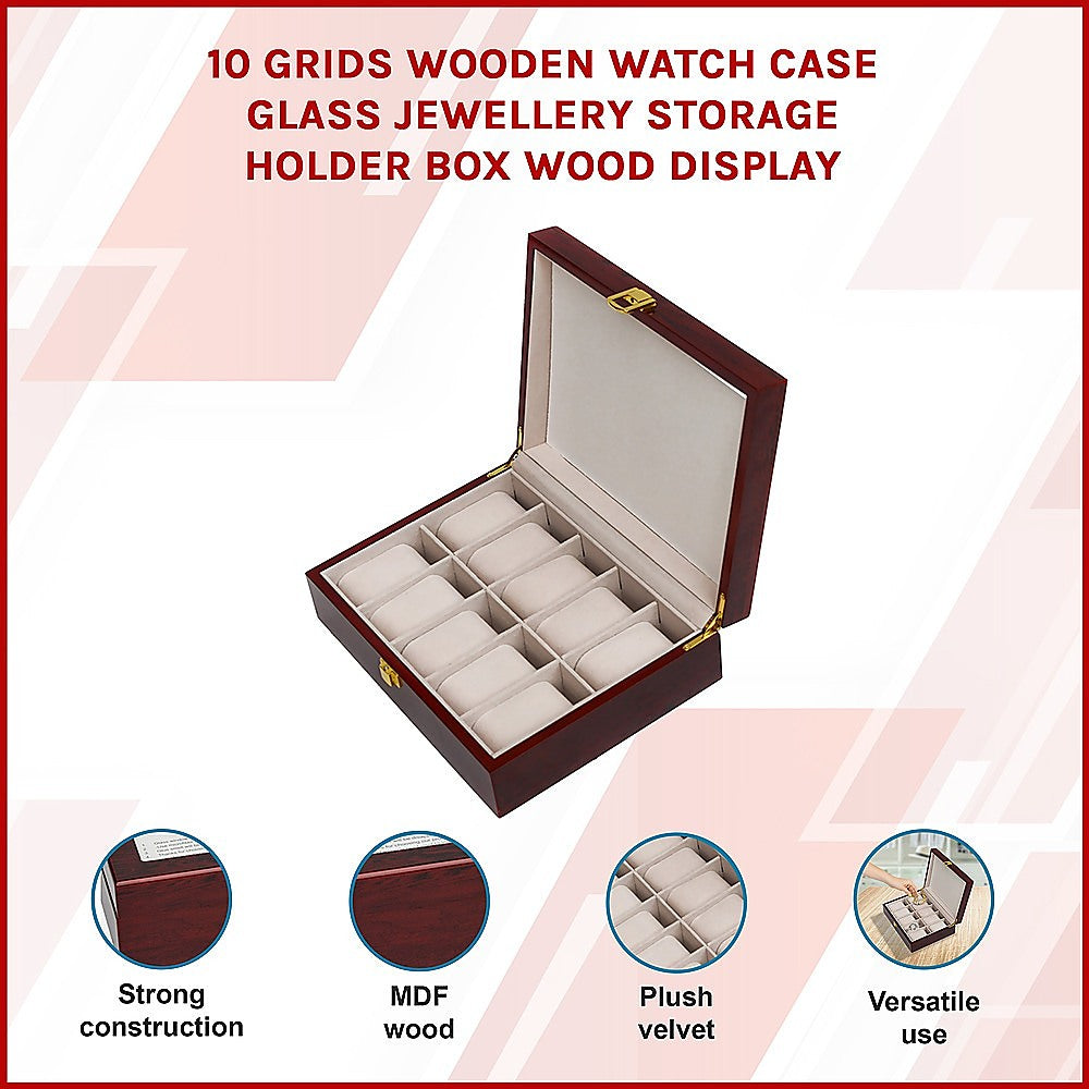10-Slot Wooden Watch Display Case with Glass Top - Jewelry Storage Box for Watches, Rings, Necklaces - Perfect for Home, Office, and Retail Store Display