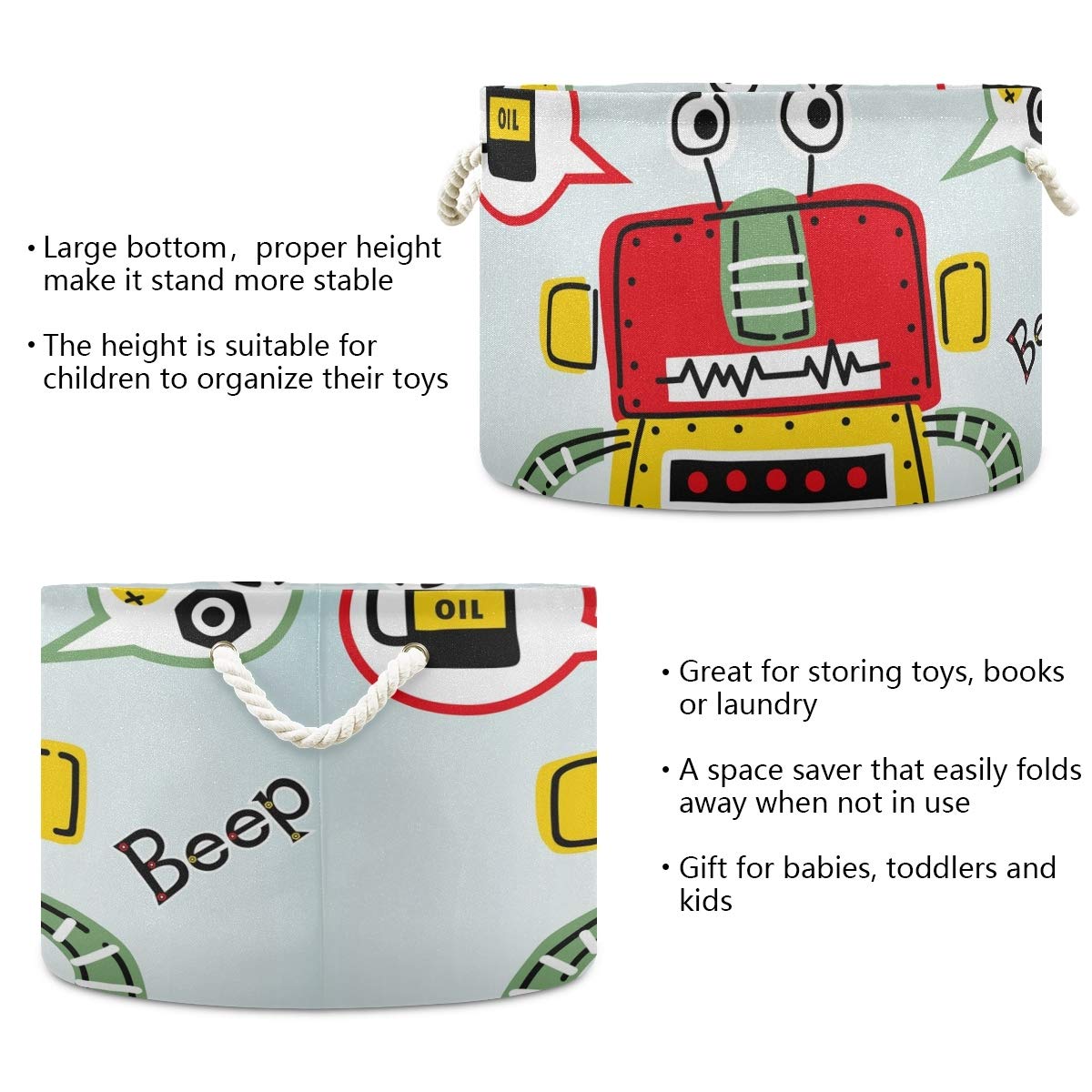 Collapsible Round Storage Basket - Fabric Toy Organizer & Laundry Hamper with Drawstrings for Kids - Funny Robot Cartoon Design - Perfect for Nursery, Playroom & Bedroom Organization