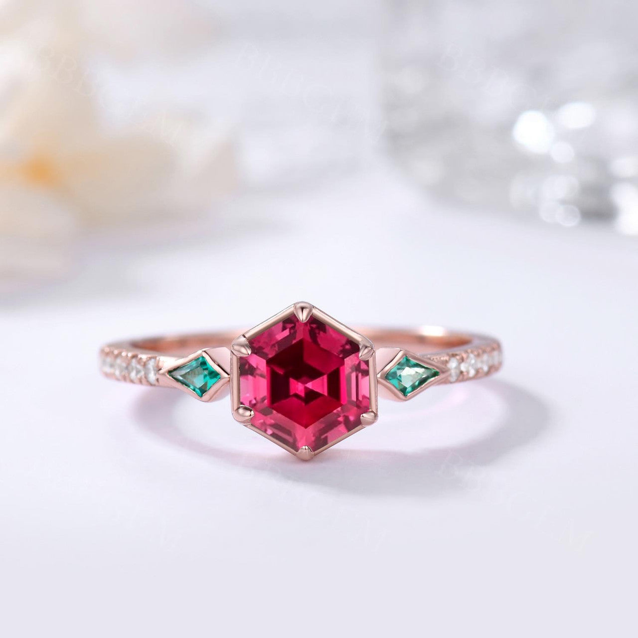 Vintage Hexagon Lab Ruby & Emerald Engagement Ring for Women - Silver 3 Stone Kite Cut Side Stones, Perfect for Weddings, Anniversaries & Special Occasions