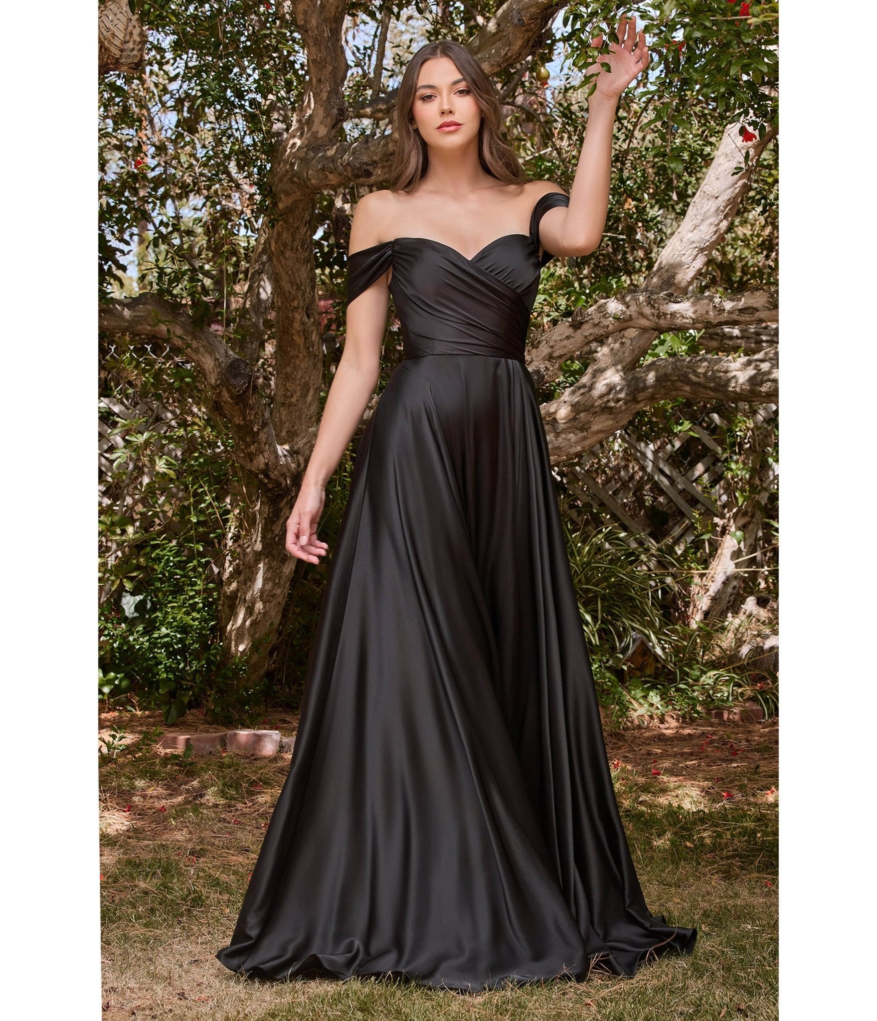 Ladivine by Cinderella Divine Black Satin Off The Shoulder Bridesmaid Dress - Elegant Formal Gown for Weddings, Prom & Evening Events