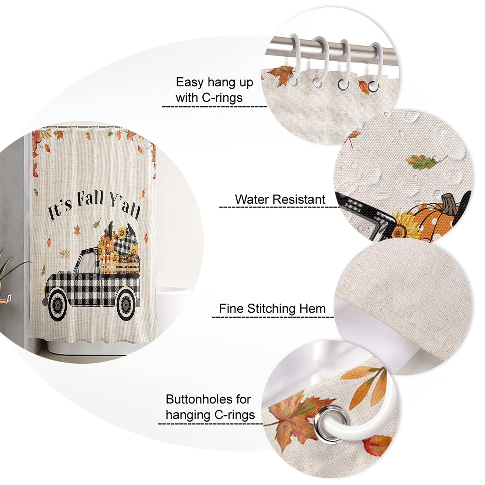 Thanksgiving Checkered Truck Pumpkin Waterproof Shower Curtain Set - 36 x 72 Inch Fall Bathroom Decor with Burlap Texture, Polyester Fabric & 12 Hooks - Perfect for Autumn, Farmhouse or Rustic Style Bathrooms